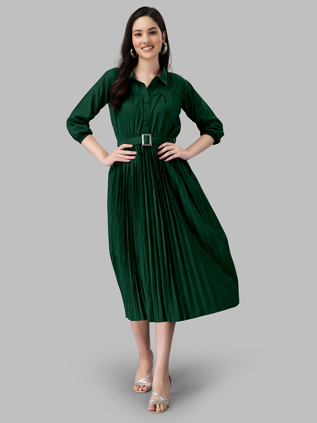 

Fashion FRICKS Shirt Collar Midi Fit & Flare Dress, Green