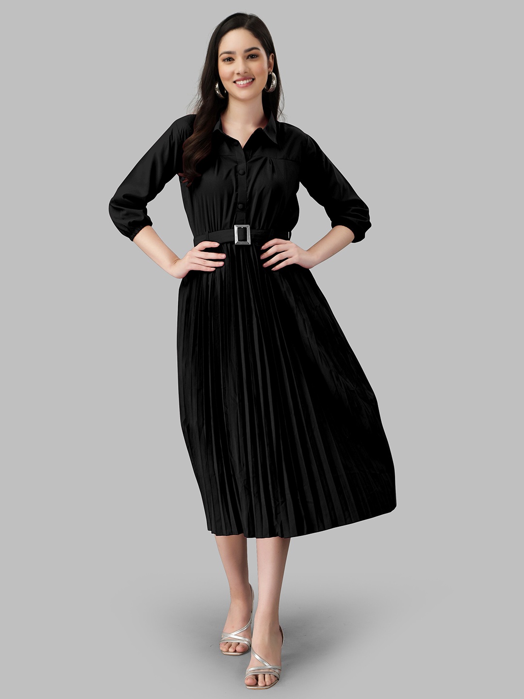 

Fashion FRICKS Shirt Collar Midi Fit & Flare Dress, Black