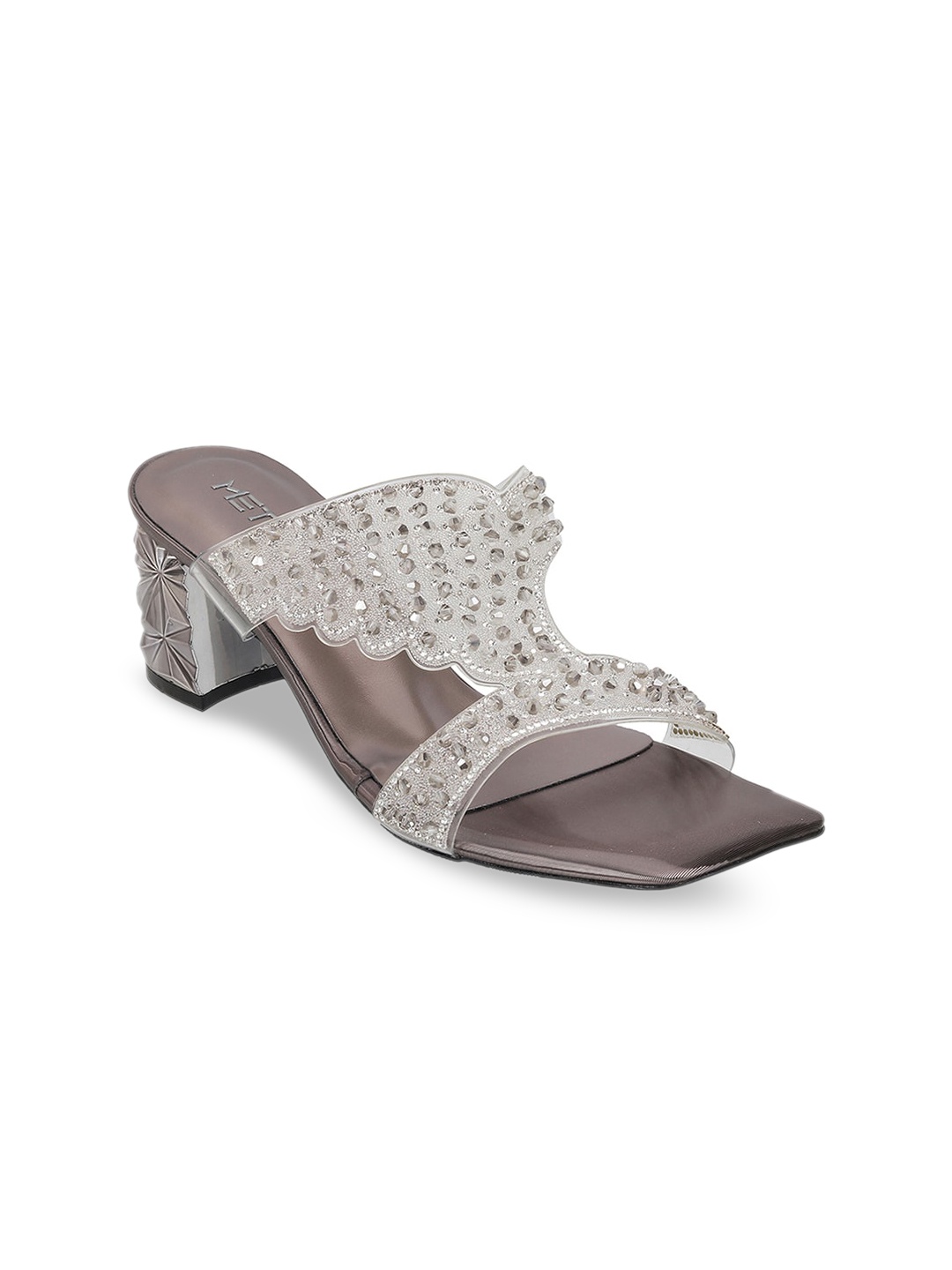 

Metro Embellished Textured Ethnic Block Sandals, Grey