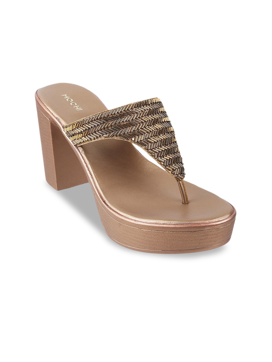 

Mochi Embellished Ethnic Block Sandals, Gold