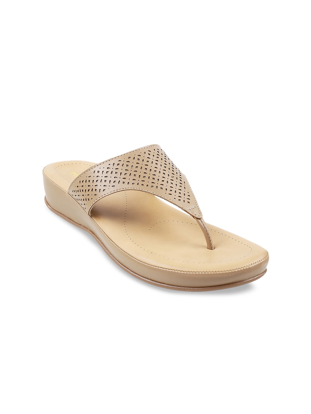 

Mochi Women Textured T-Strap Flats with Laser Cuts, Beige