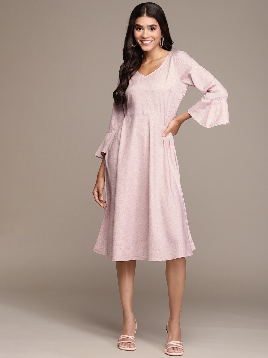 

ZIYAA Floral Printed Bell Sleeves Crepe A-Line Dress, Pink