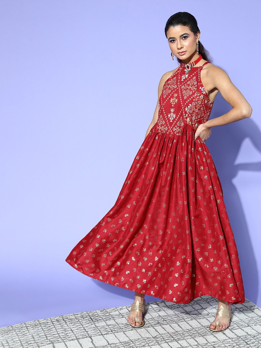 

ZIYAA Floral Ethnic Maxi Ethnic Dress, Maroon