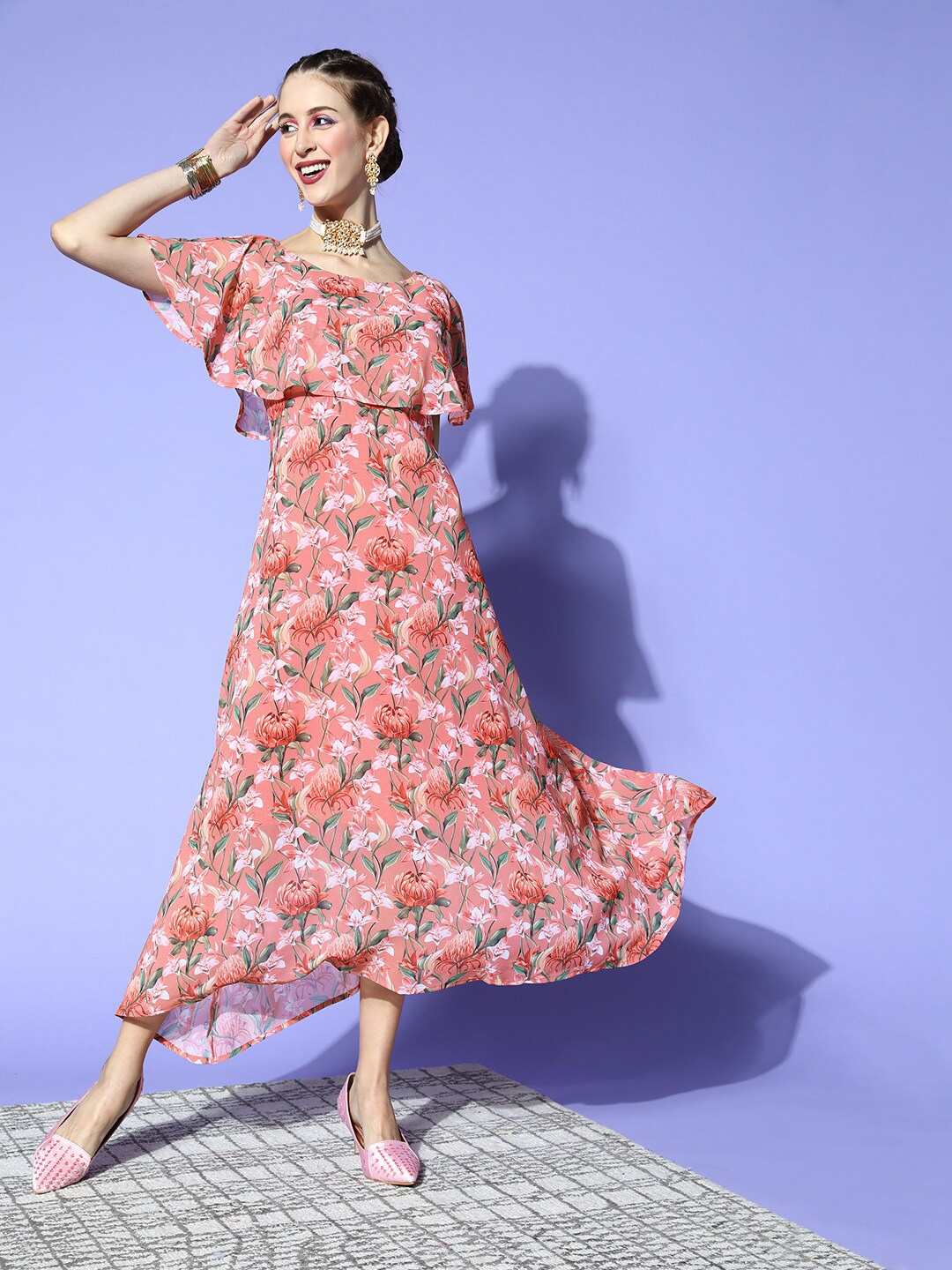 

ZIYAA Floral Georgette Maxi Dress, Coral
