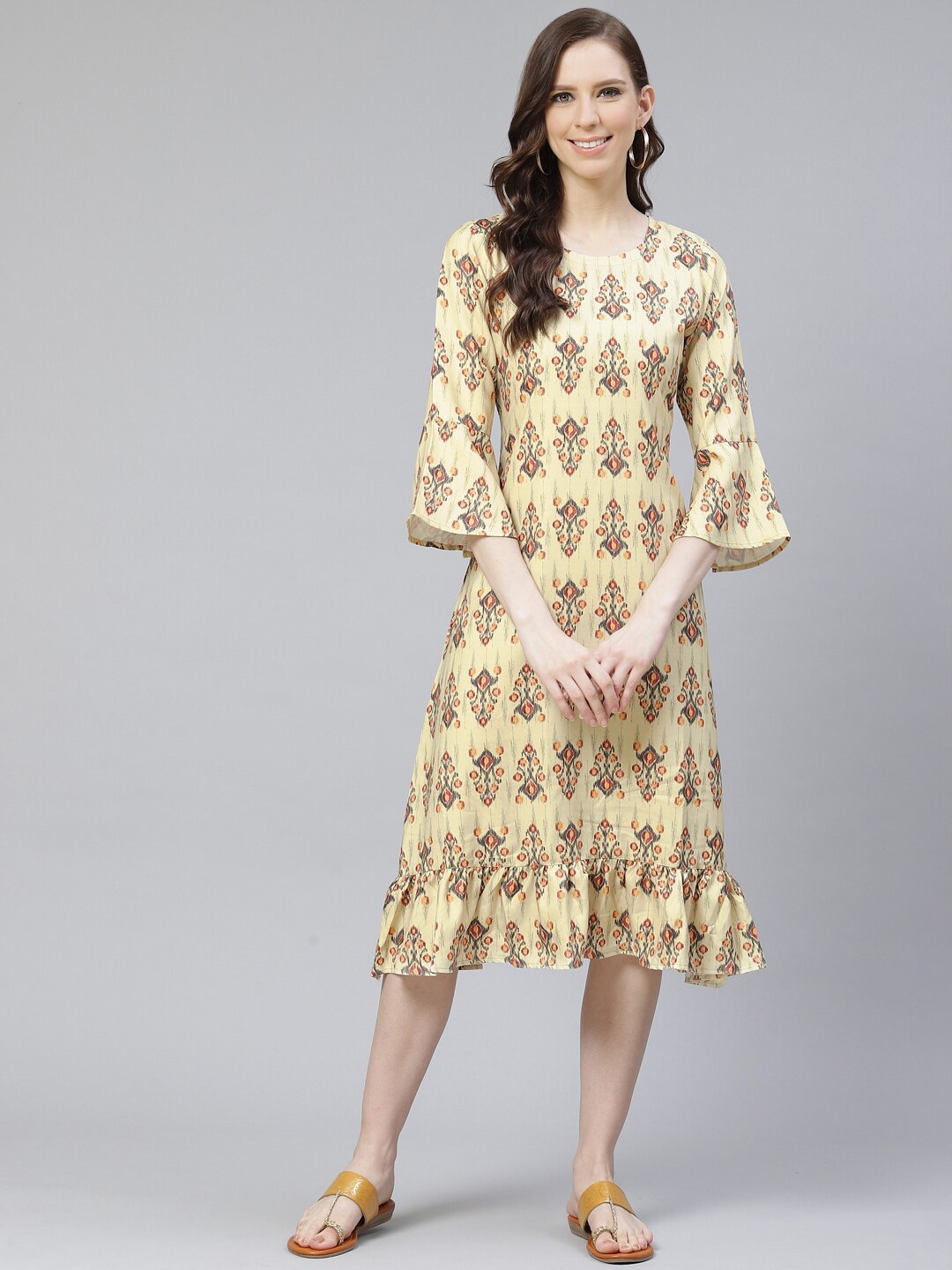 

ZIYAA Ethnic Motifs A-Line Midi Dress, Yellow