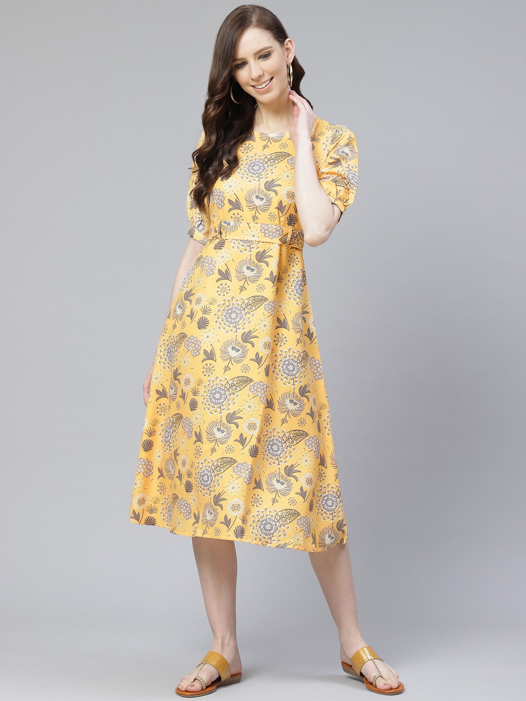 

ZIYAA Mustard Floral A-Line Midi Dress