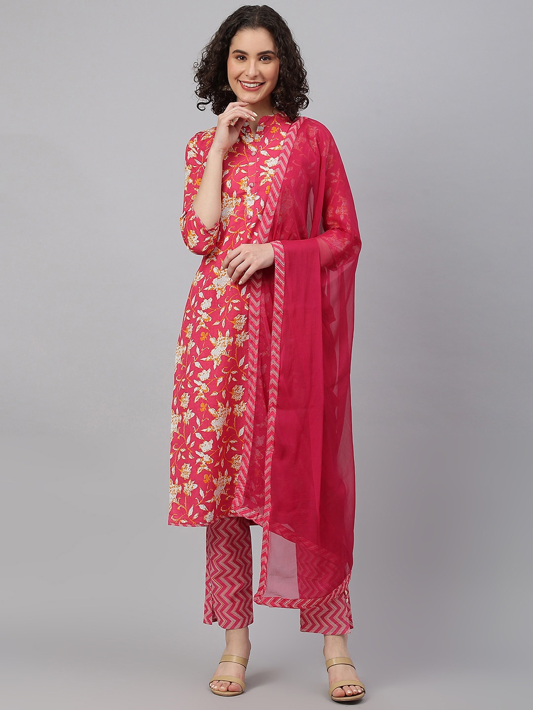 

KALINI Women Floral Printed Pure Cotton Kurta with Trousers & With Dupatta, Fuchsia