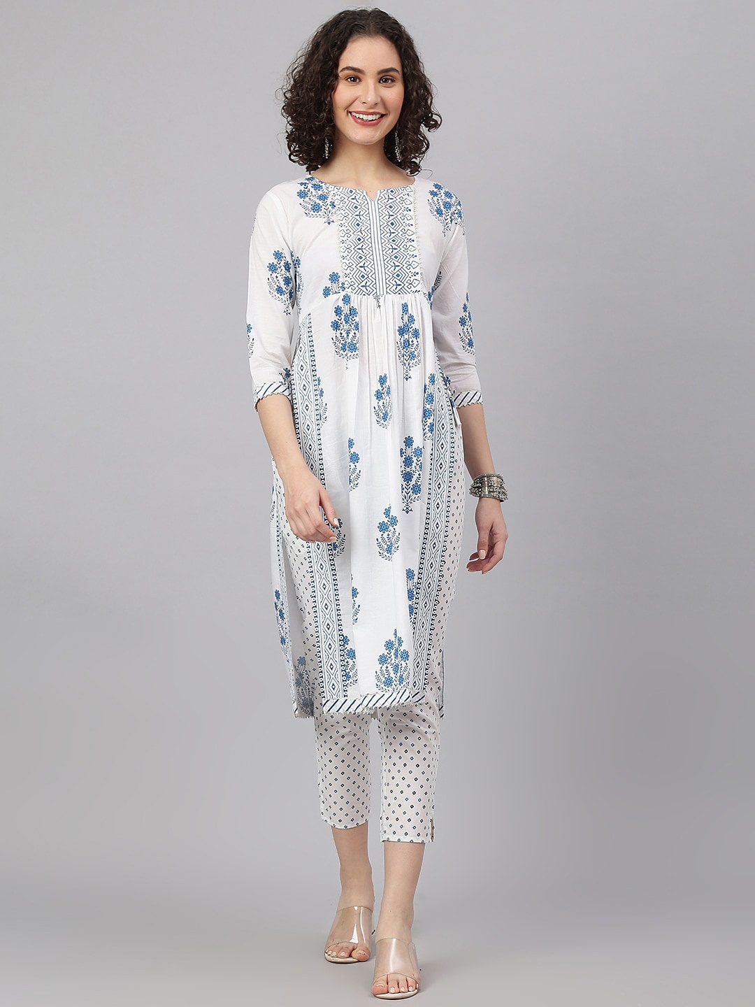 

KALINI Women Floral Printed Pleated Gotta Patti Pure Cotton Kurta with Trousers, Blue