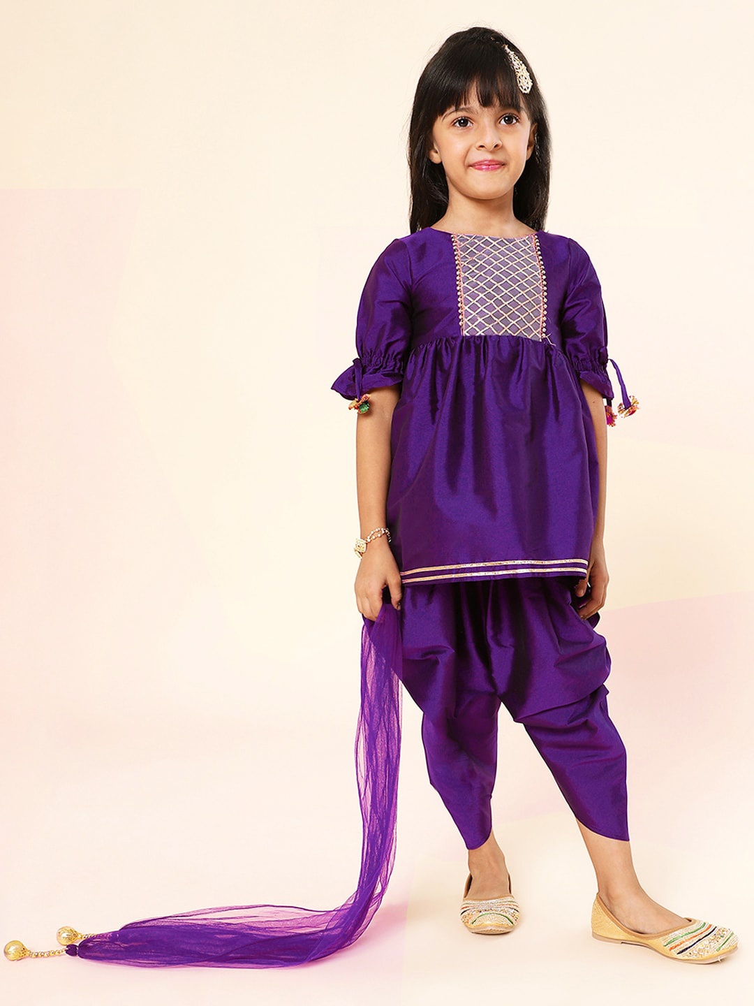 

A.T.U.N. Girls Pleated Gotta Patti Kurti with Dhoti Pants & With Dupatta, Purple