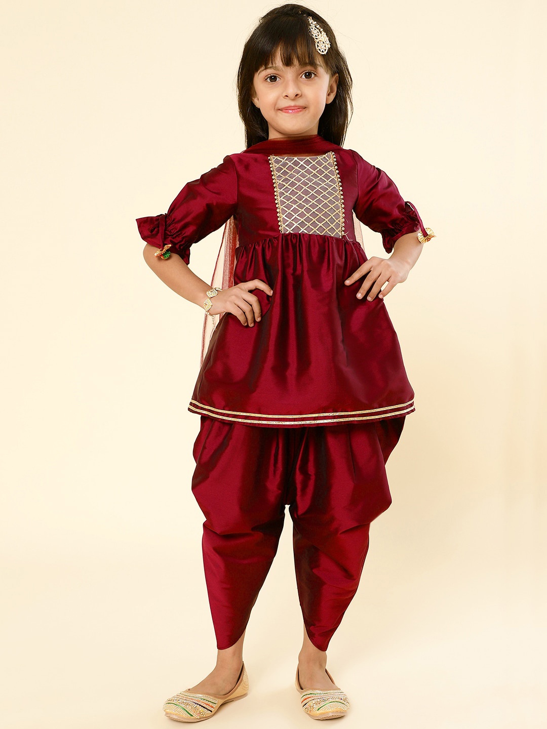 

A.T.U.N. Girls Yoke Design Empire Gotta Patti Kurti with Dhoti Pants & With Dupatta, Maroon