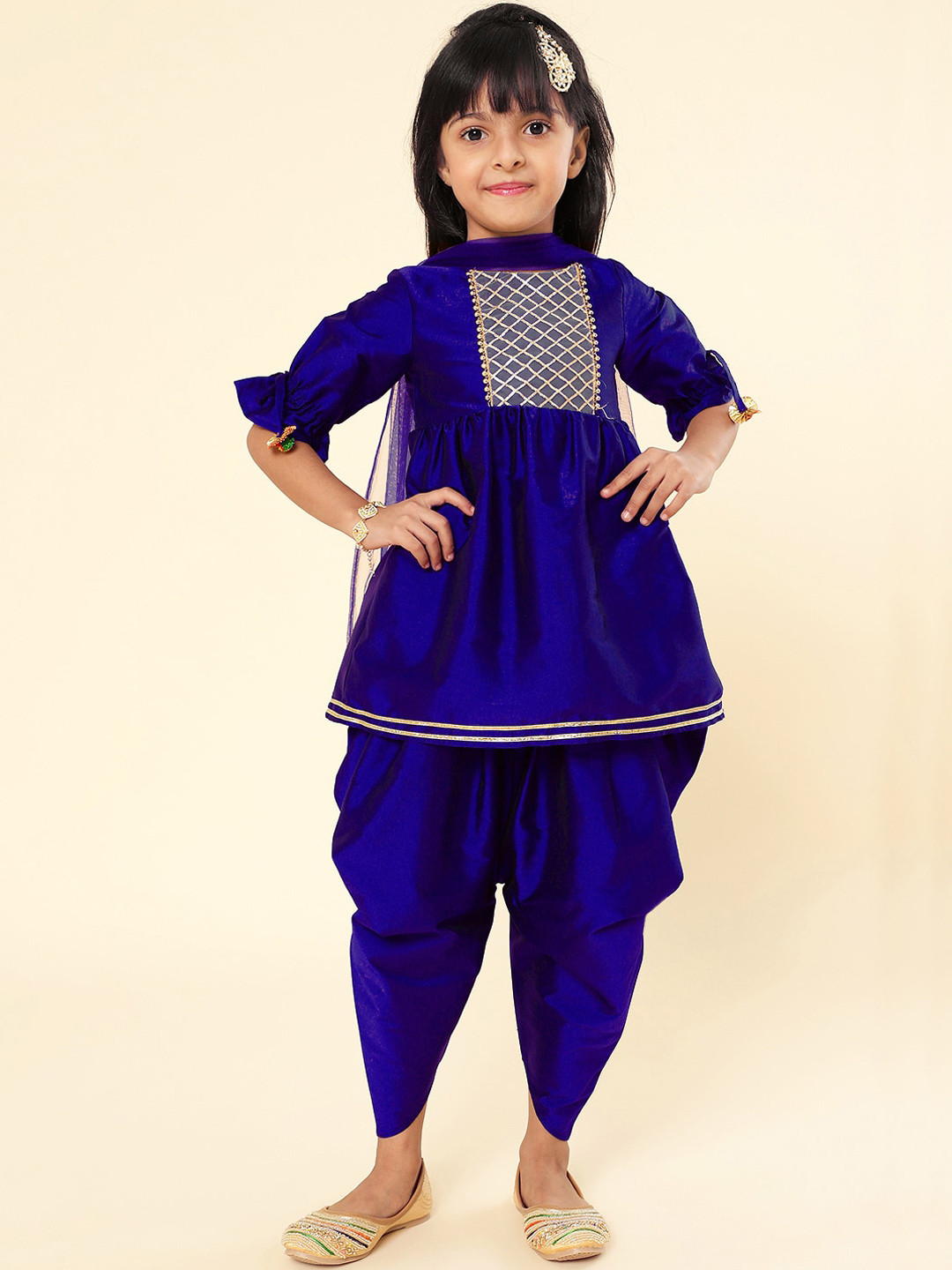 

A T U N Girls Embroidered Empire Gotta Patti Kurta with Dhoti Pants & Dupatta, Blue