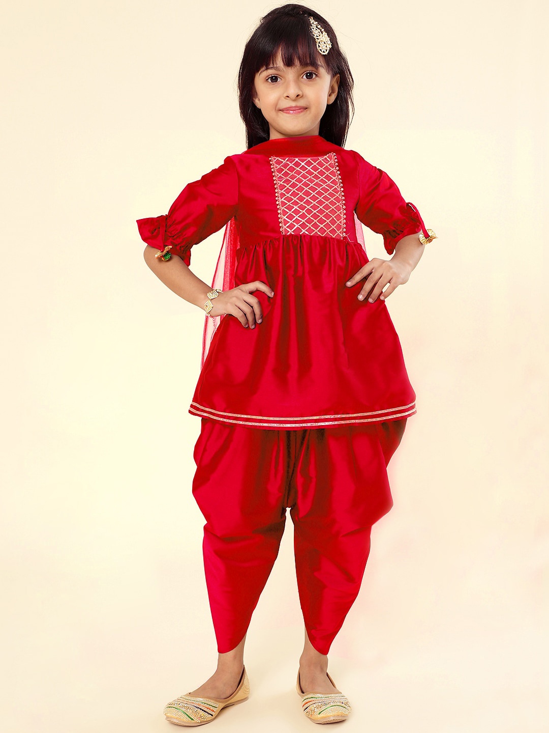 

A T U N Girls Pleated Gotta Patti Kurti with Dhoti Pants & Dupatta, Red