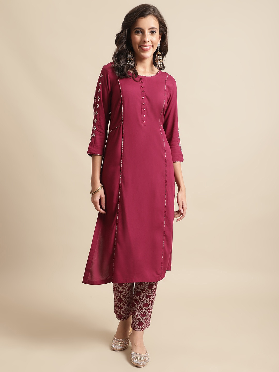 

Cantabil Women Regular Kurta with Trousers, Burgundy