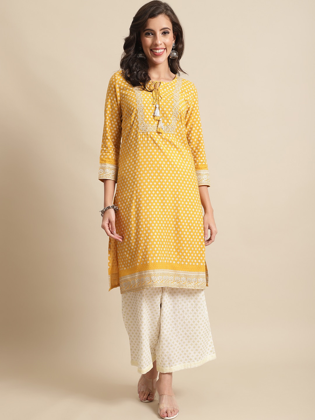 

Cantabil Women Ethnic Motifs Printed Kurta with Palazzos, Mustard