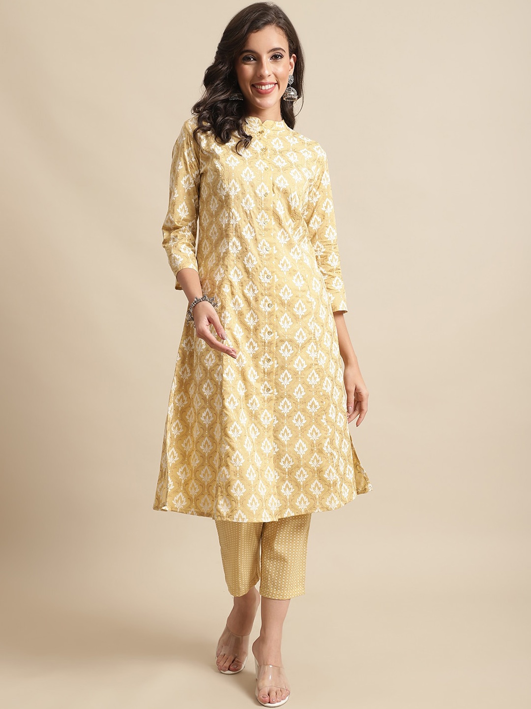 

Cantabil Ethnic Motifs Printed Band Collar Pure Cotton Regular Kurta with Trousers, Yellow