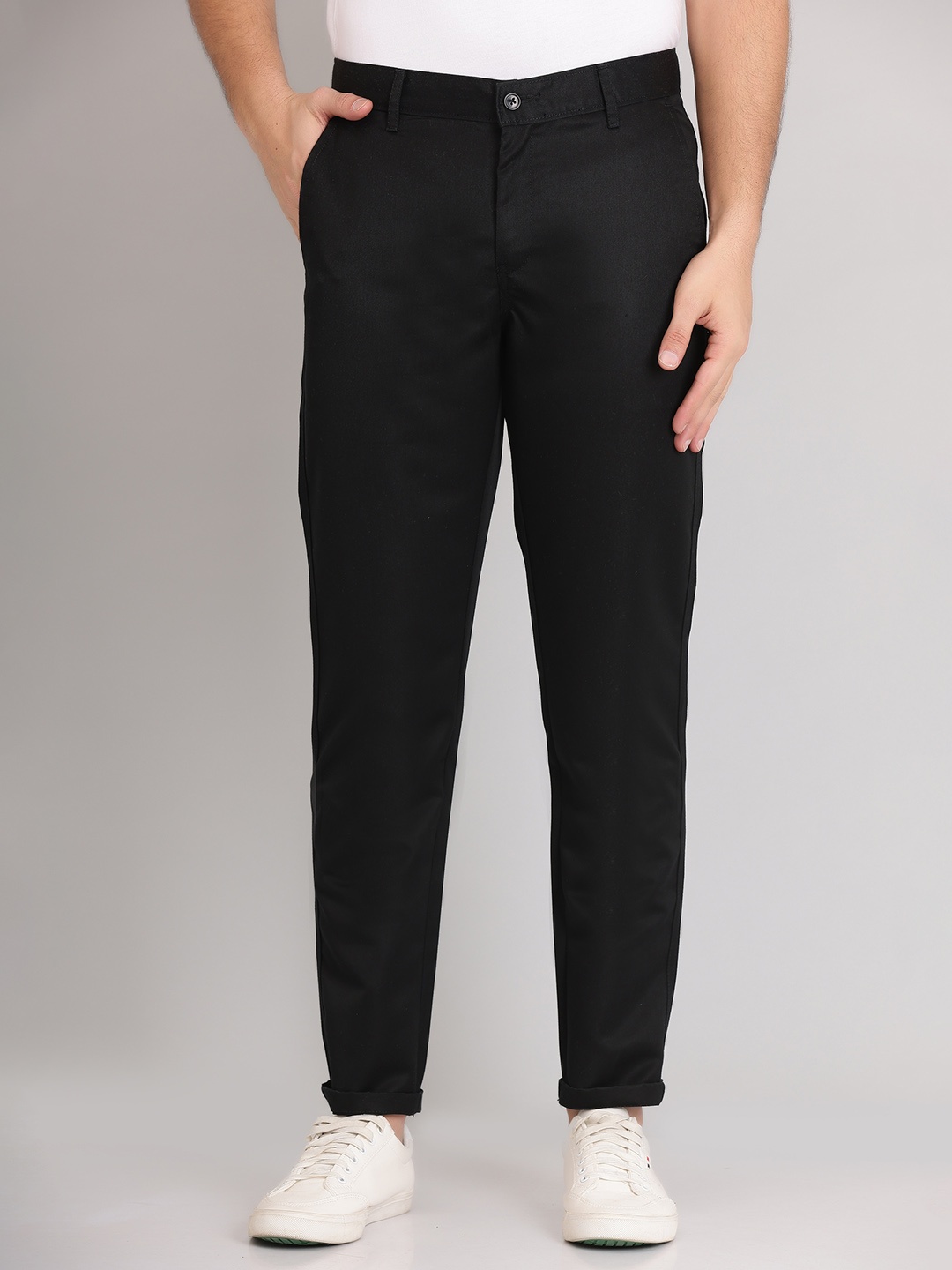 

Cyphus Men Pure Cotton Solid Smart Slim Fit Trousers, Black