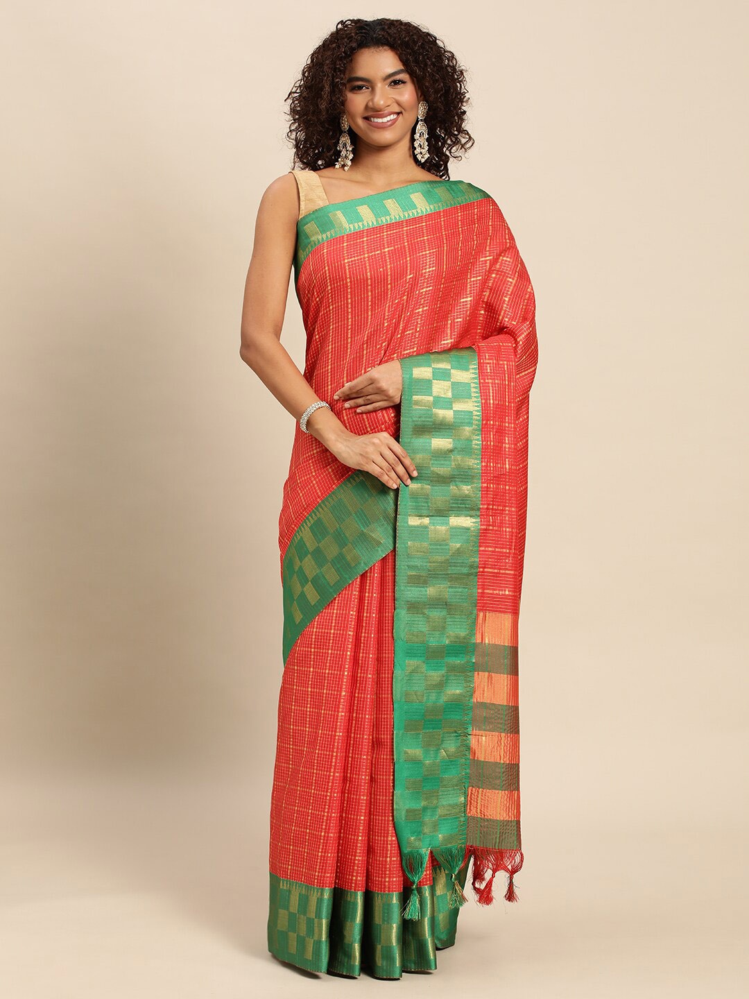 

WILORI Woven Design Zari Dharmavaram Saree, Red
