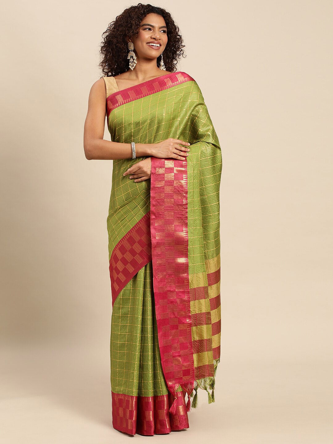 

WILORI Woven Design Zari Dharmavaram Saree, Olive