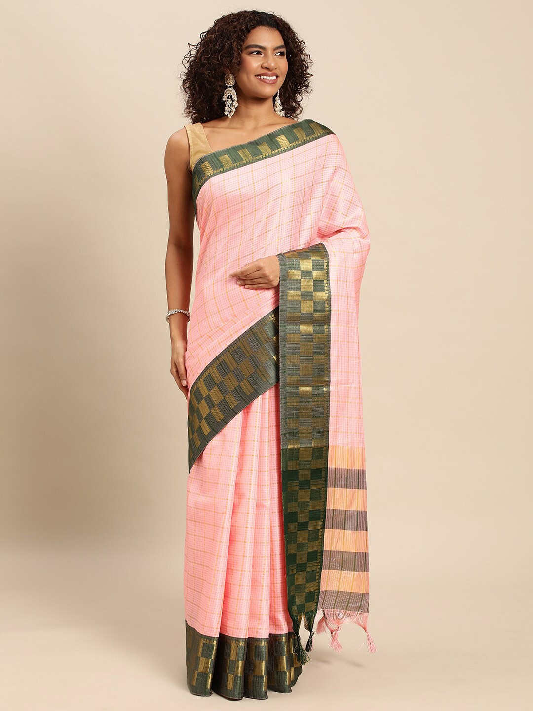 

WILORI Checked Zari Silk Cotton Dharmavaram Saree, Pink