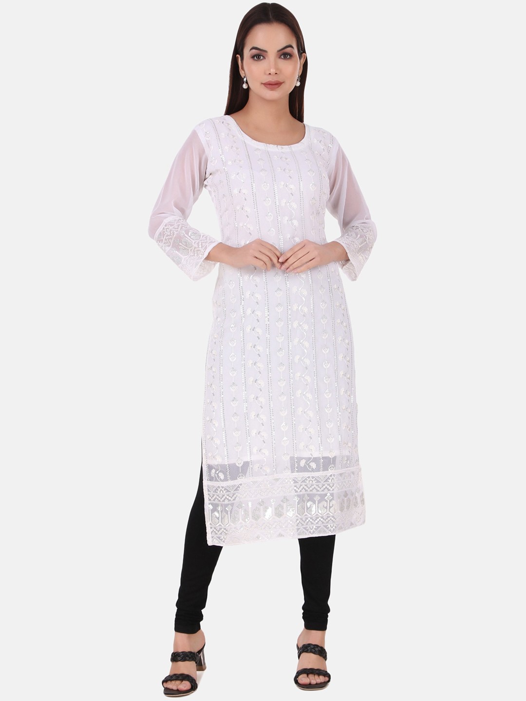 

HERE&NOW Women Ethnic Motifs Embroidered Georgette Kurta, White