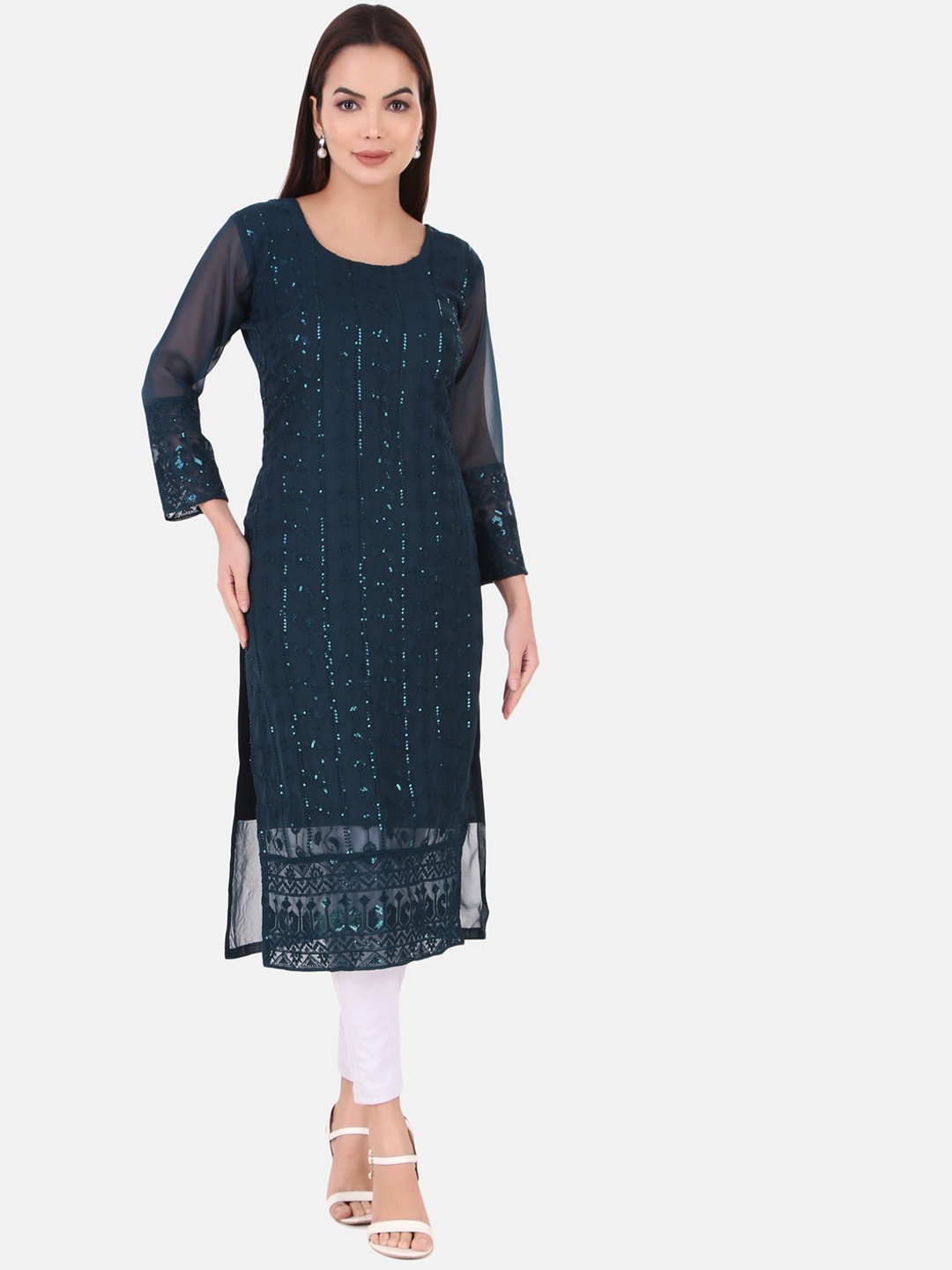 

HERE&NOW Women Ethnic Motifs Embroidered Georgette Kurta, Teal