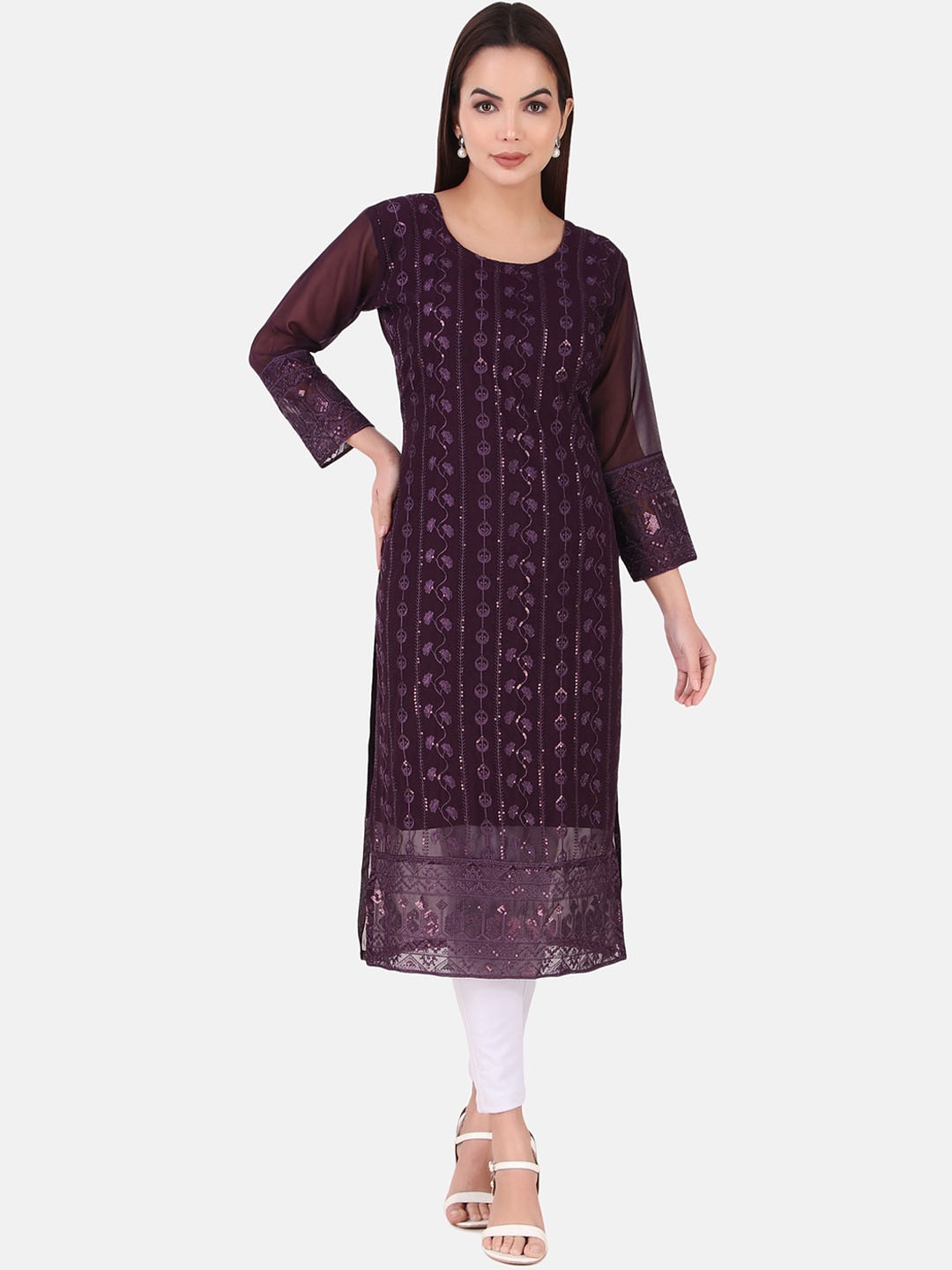 

HERE&NOW Women Ethnic Motifs Printed Georgette Kurta, Burgundy