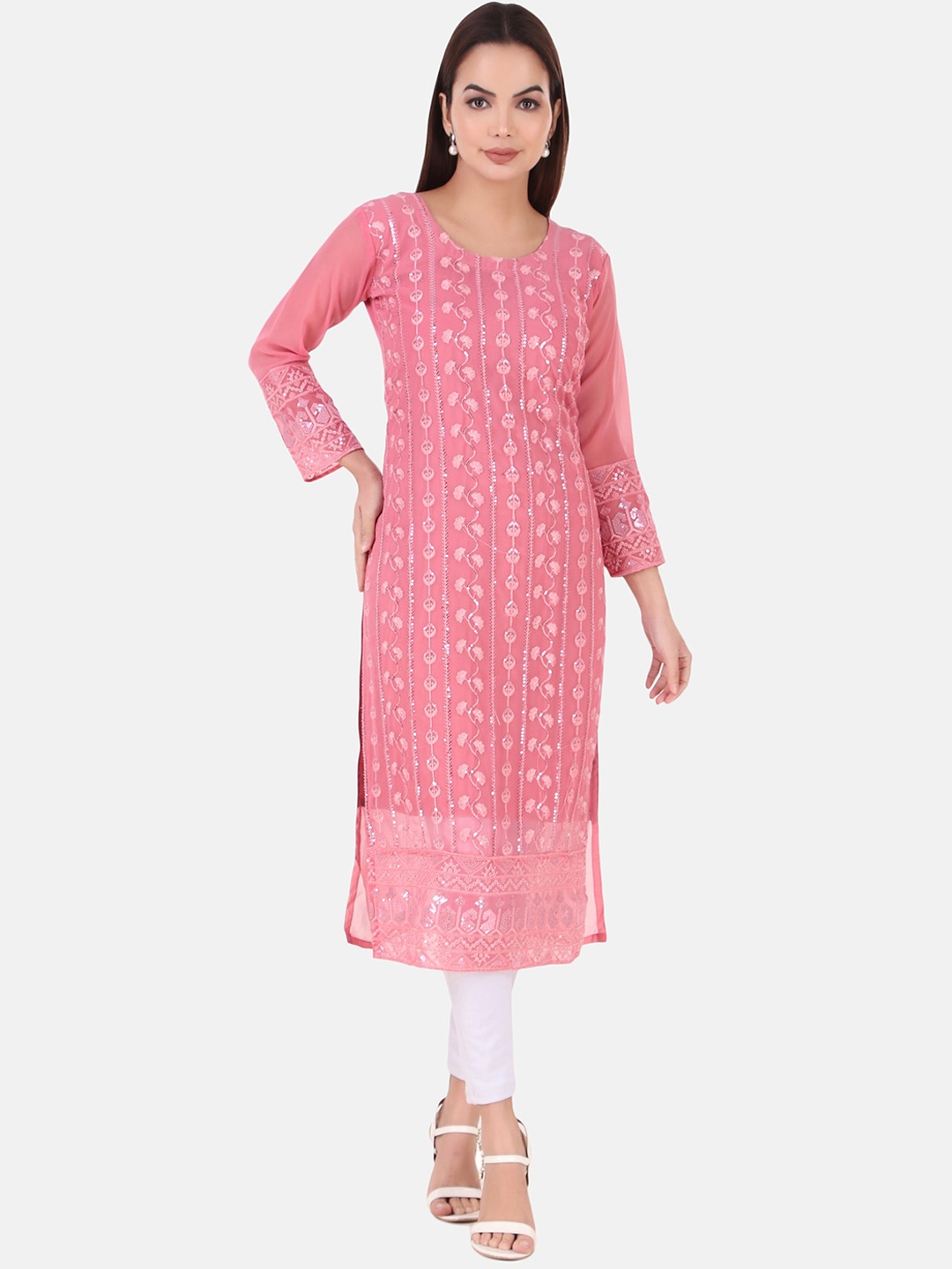 

HERE&NOW Women Ethnic Motifs Embroidered Georgette Kurta, Pink
