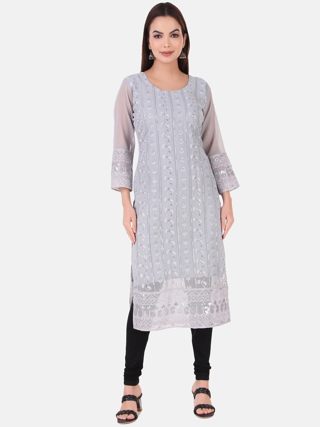 

HERE&NOW Women Ethnic Motifs Embroidered Georgette Kurta, Grey