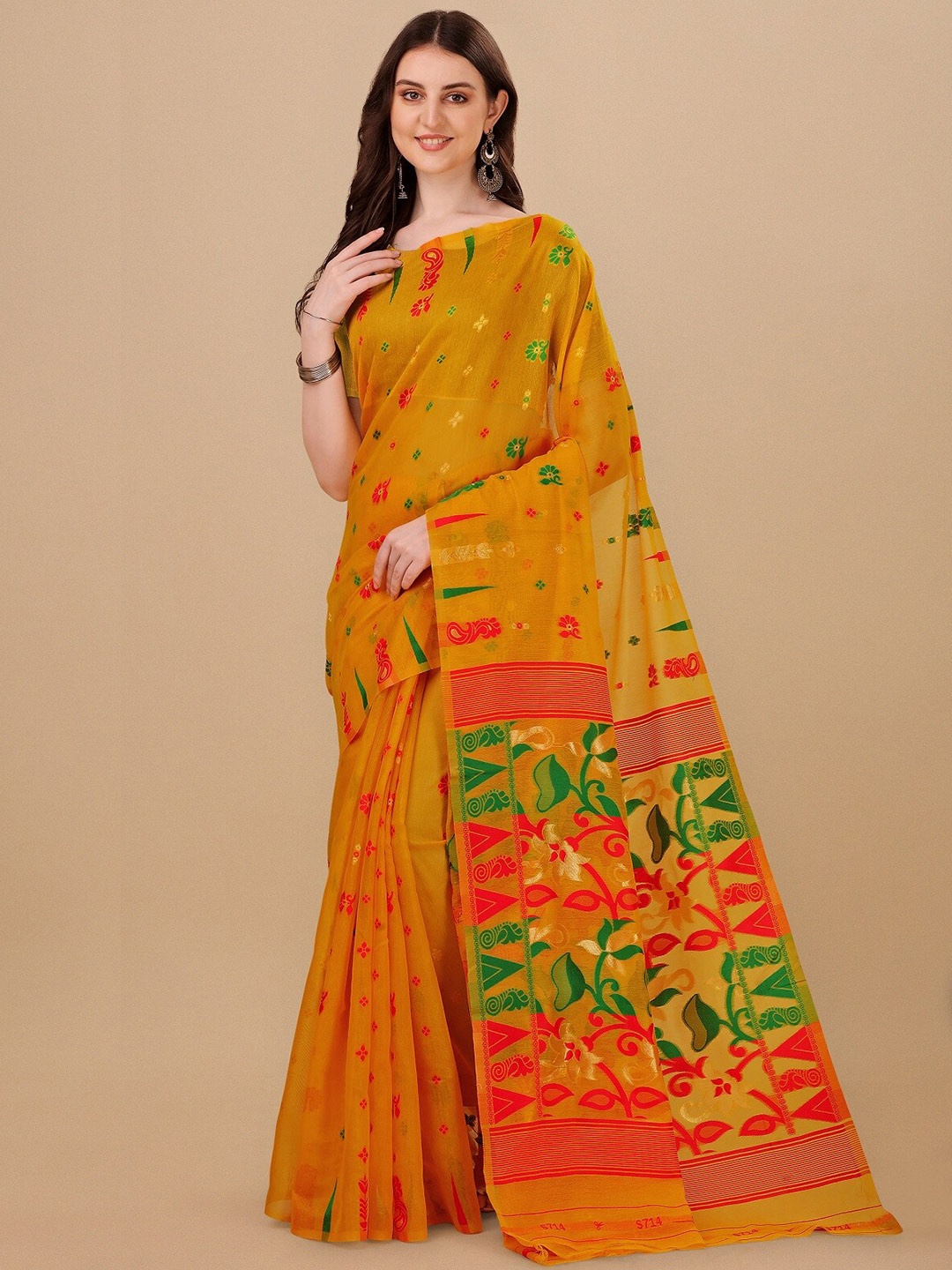 

ZIKARAA Woven Design Pure Cotton Jamdani Saree, Mustard