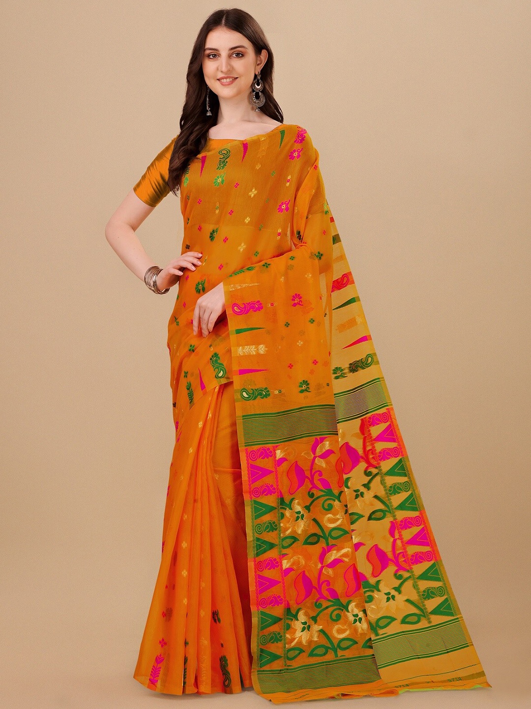 

ZIKARAA Printed Woven Design Pure Cotton Jamdani Saree, Orange