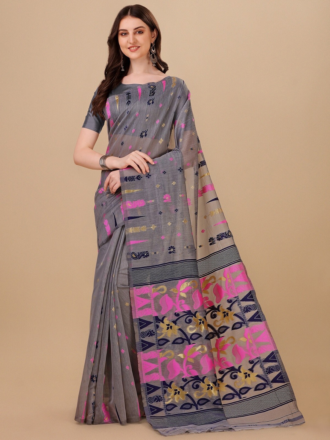 

ZIKARAA Woven Design Pure Cotton Jamdani Saree, Grey