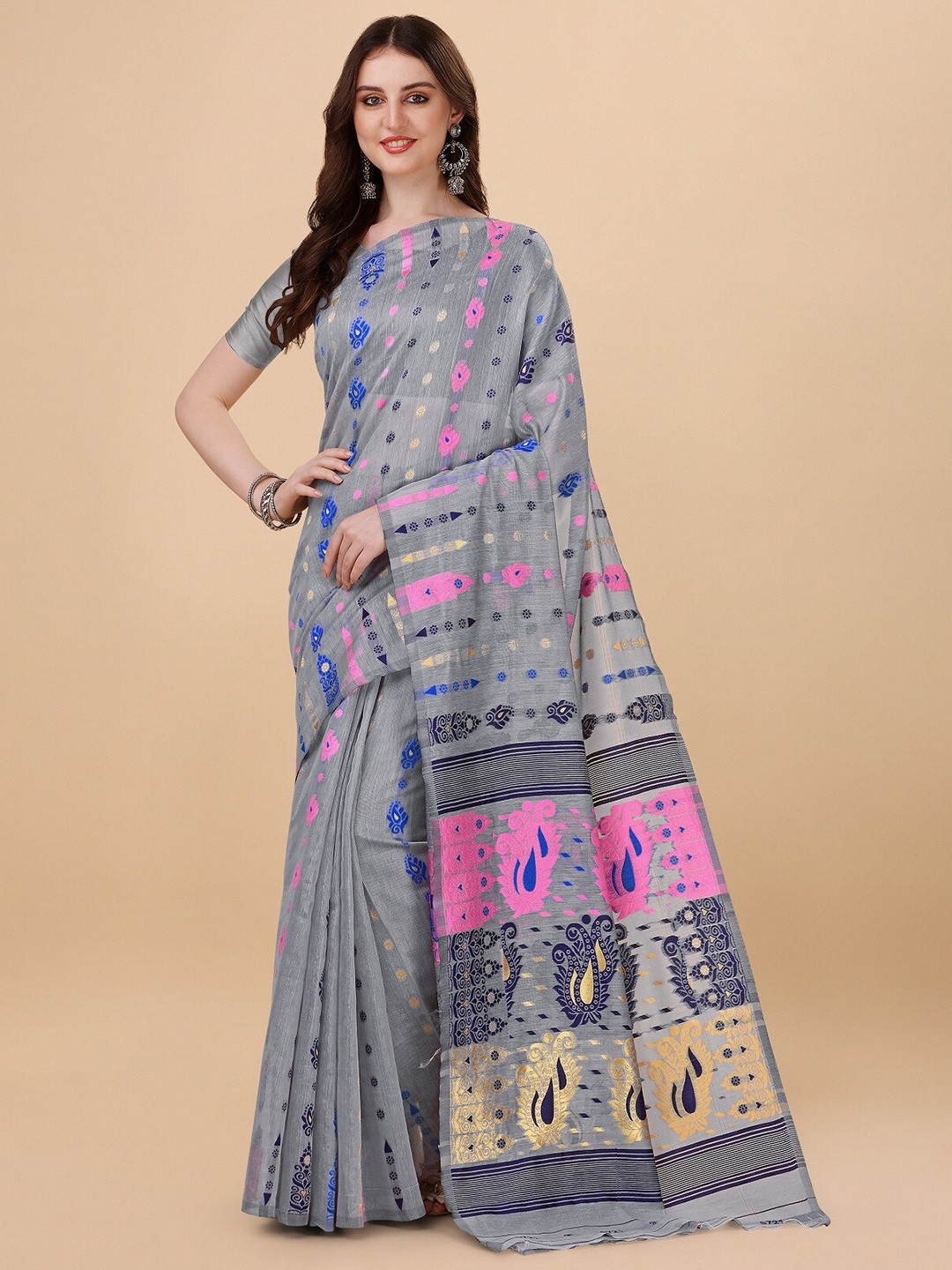 

ZIKARAA Woven Design Pure Cotton Jamdani Saree, Grey