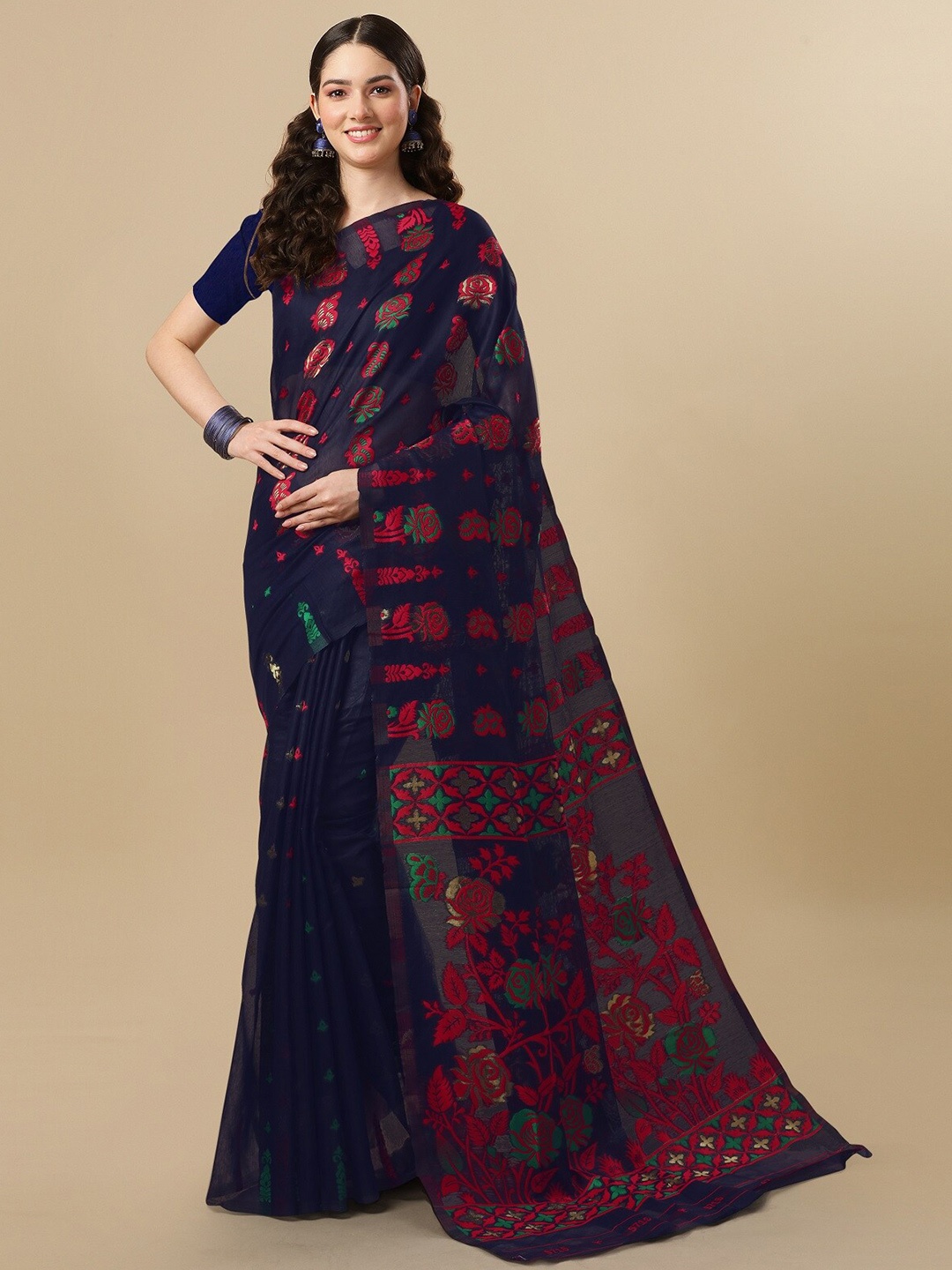 

ZIKARAA Ethnic Motifs Pure Cotton Jamdani Saree, Navy blue