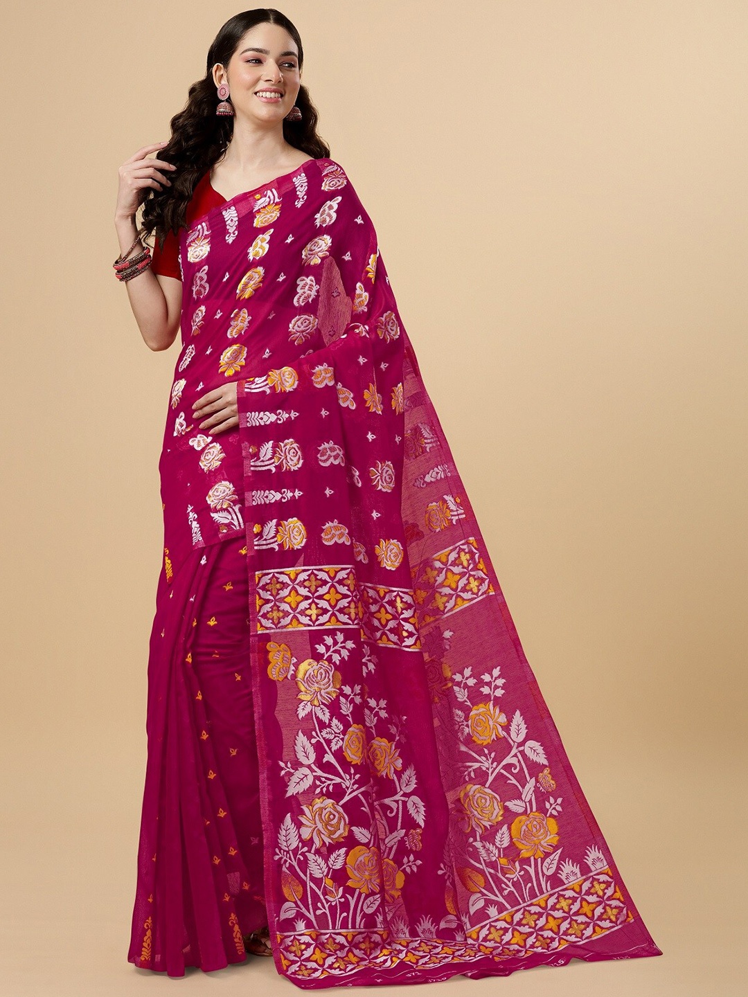 

ZIKARAA Ethnic Motifs Pure Cotton Jamdani Saree, Pink