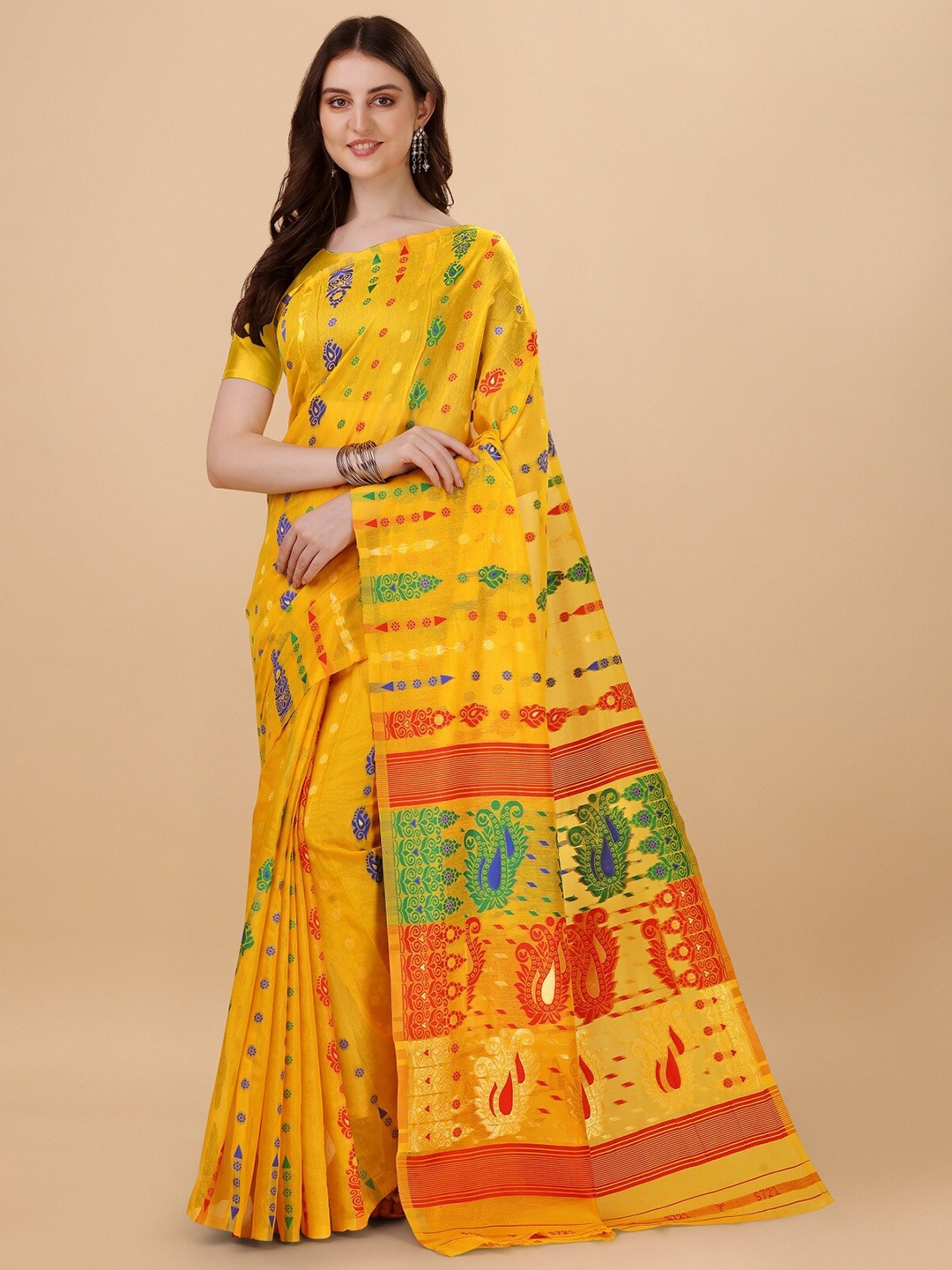 

ZIKARAA Ethnic Motifs woven Design Pure Cotton Jamdani Saree, Gold