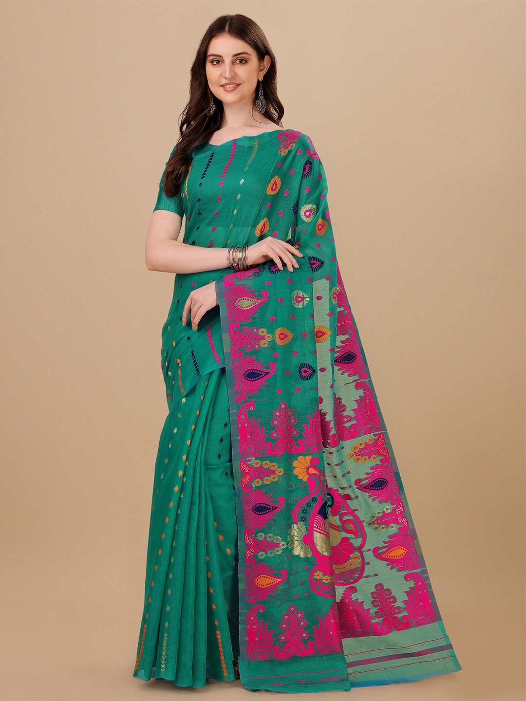 

ZIKARAA Ethnic Motifs Pure Cotton Jamdani Saree, Green