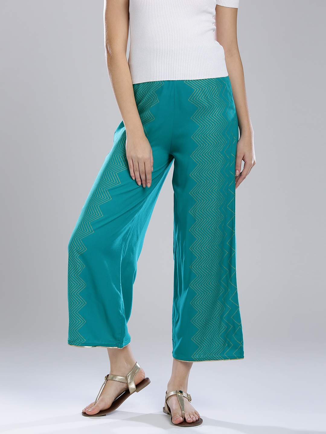 

W Women Turquoise Blue Wide Leg Chevron Print Palazzos