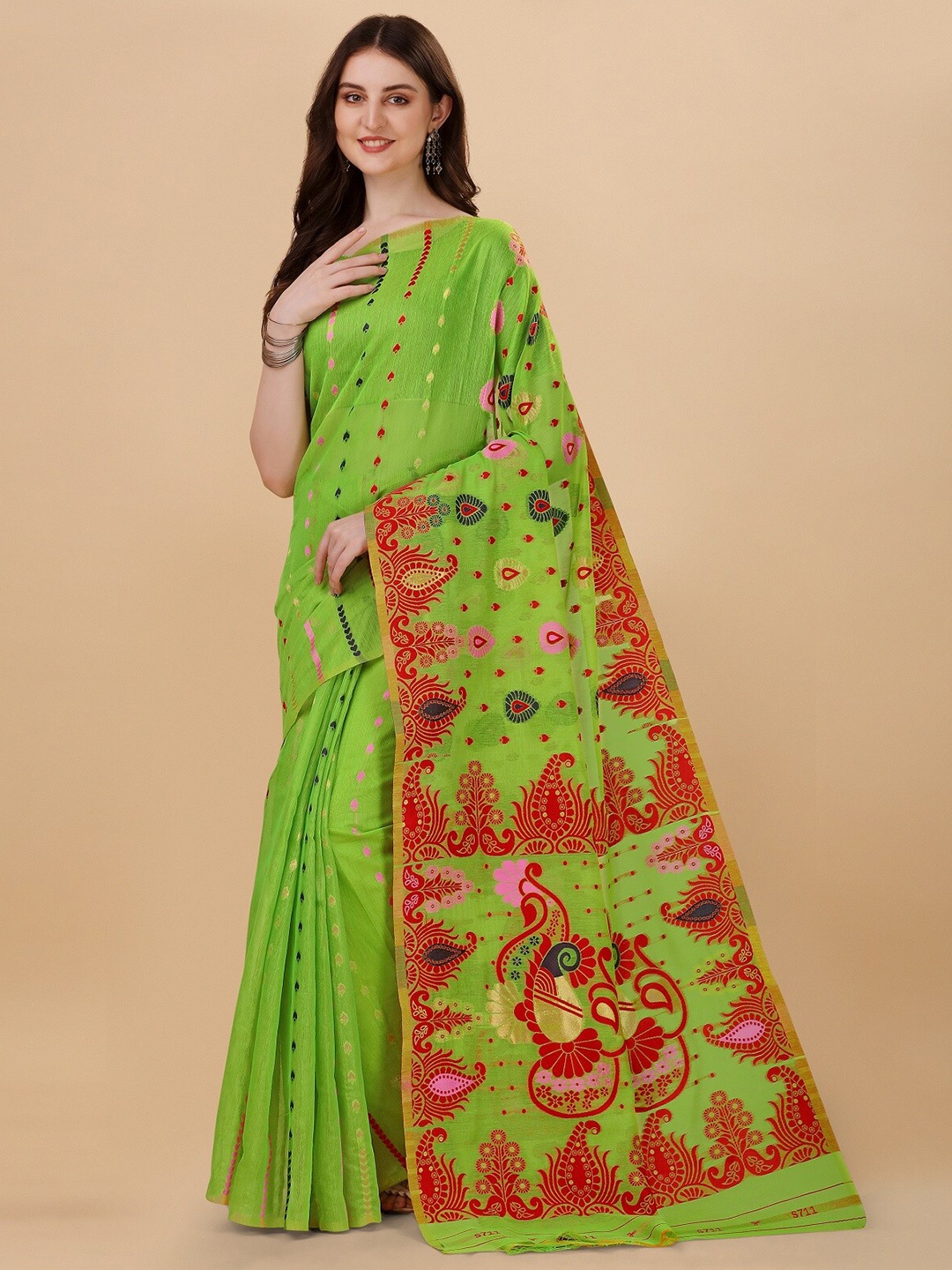 

ZIKARAA Paisley Pure Cotton Jamdani Saree, Green