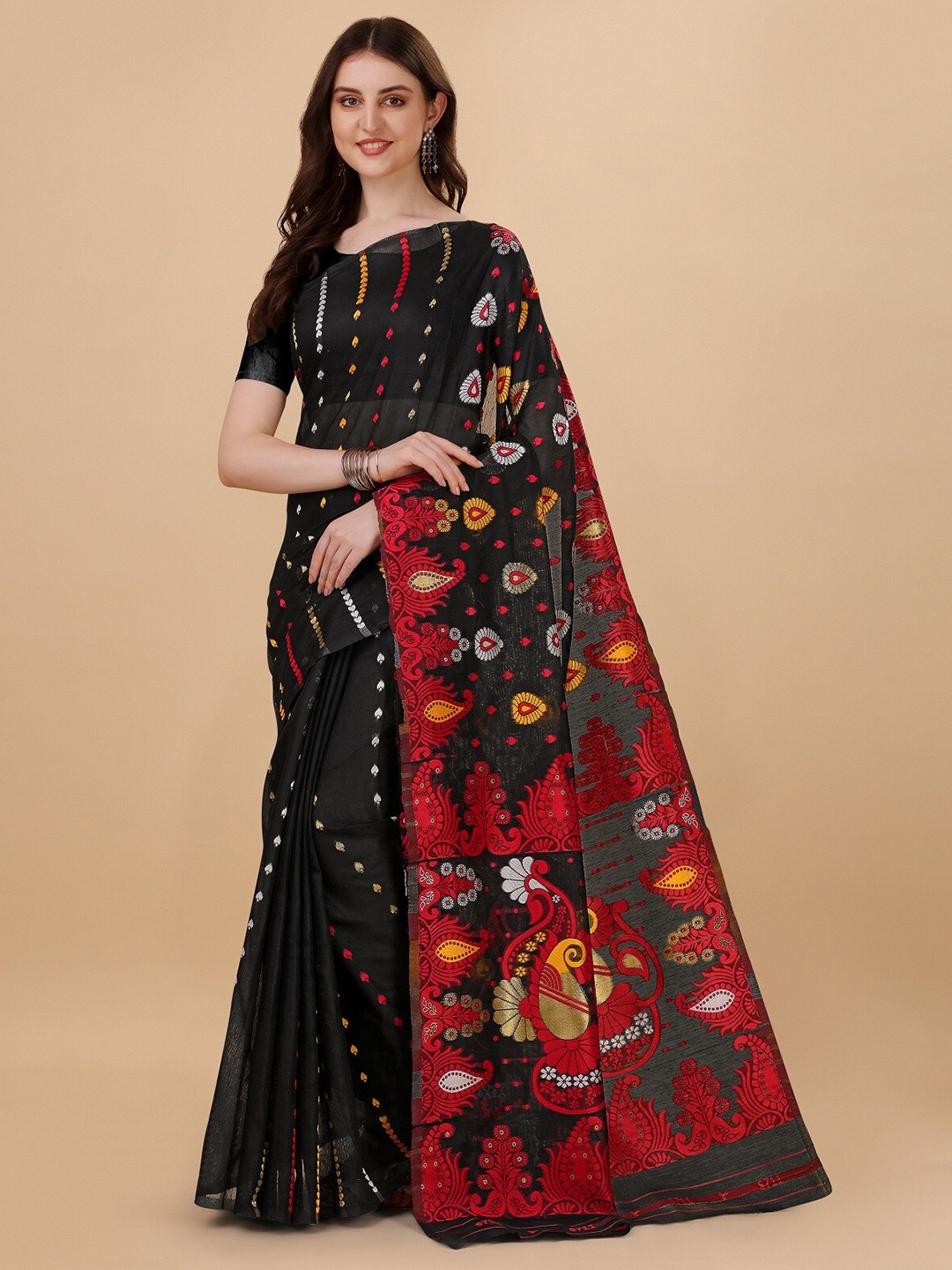 

ZIKARAA Ethnic Motifs Woven Design Zari Pure Cotton Jamdani Saree, Black