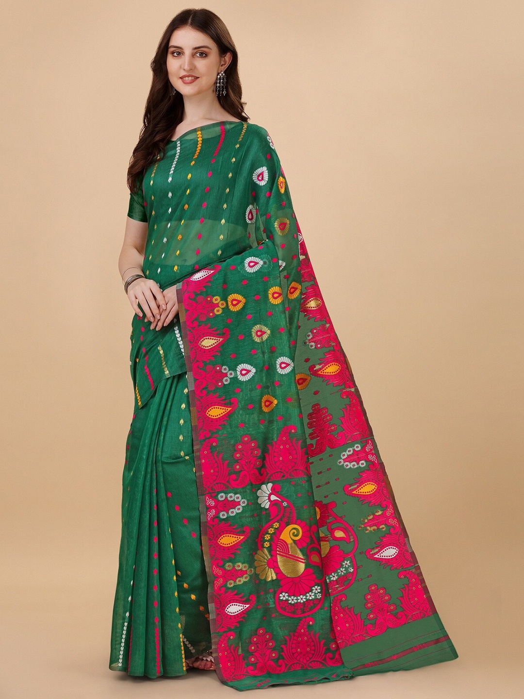 

ZIKARAA Woven Design Pure Cotton Jamdani Saree, Green