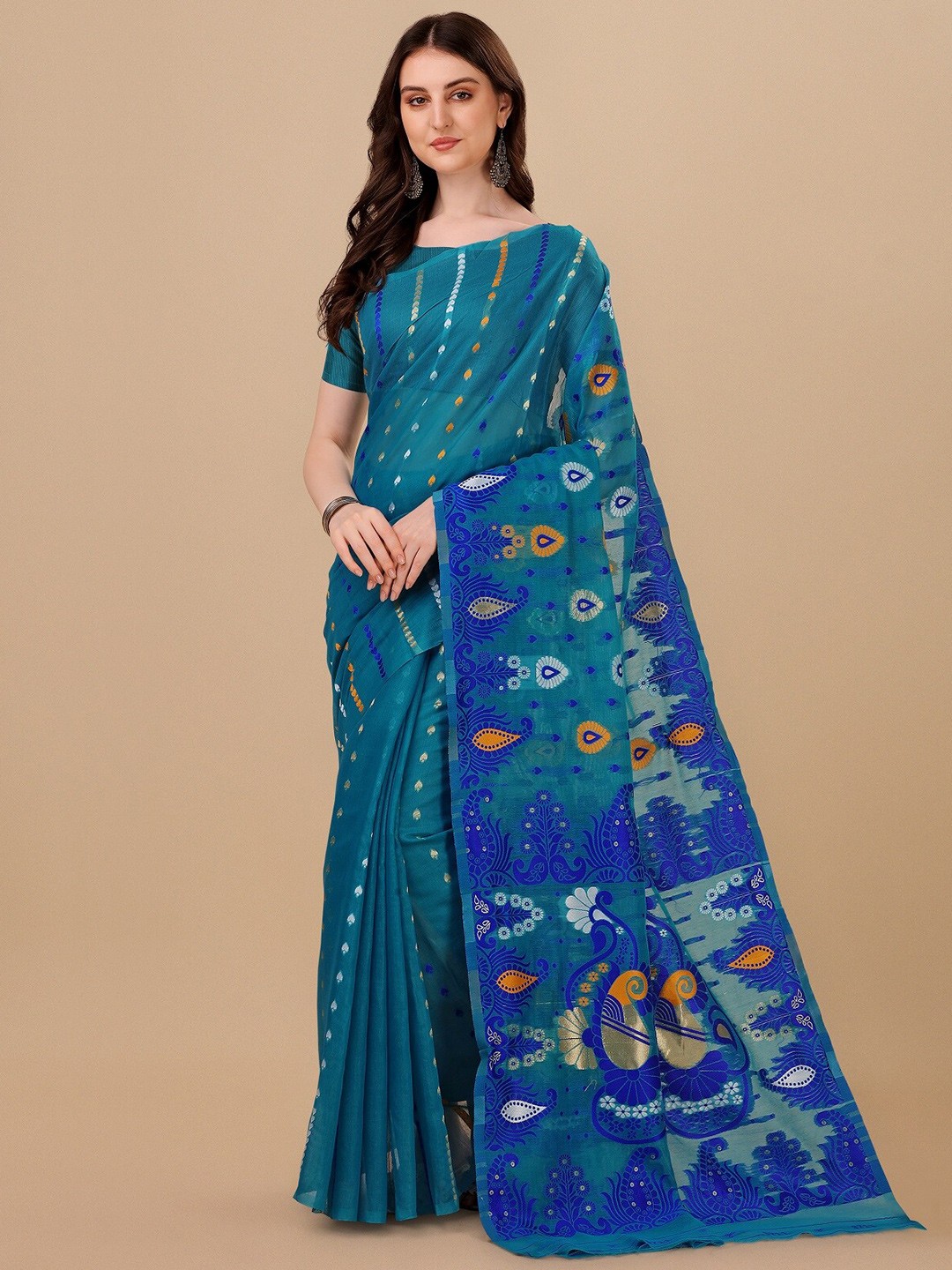 

ZIKARAA Woven Design Zari Pure Cotton Jamdani Saree, Turquoise blue
