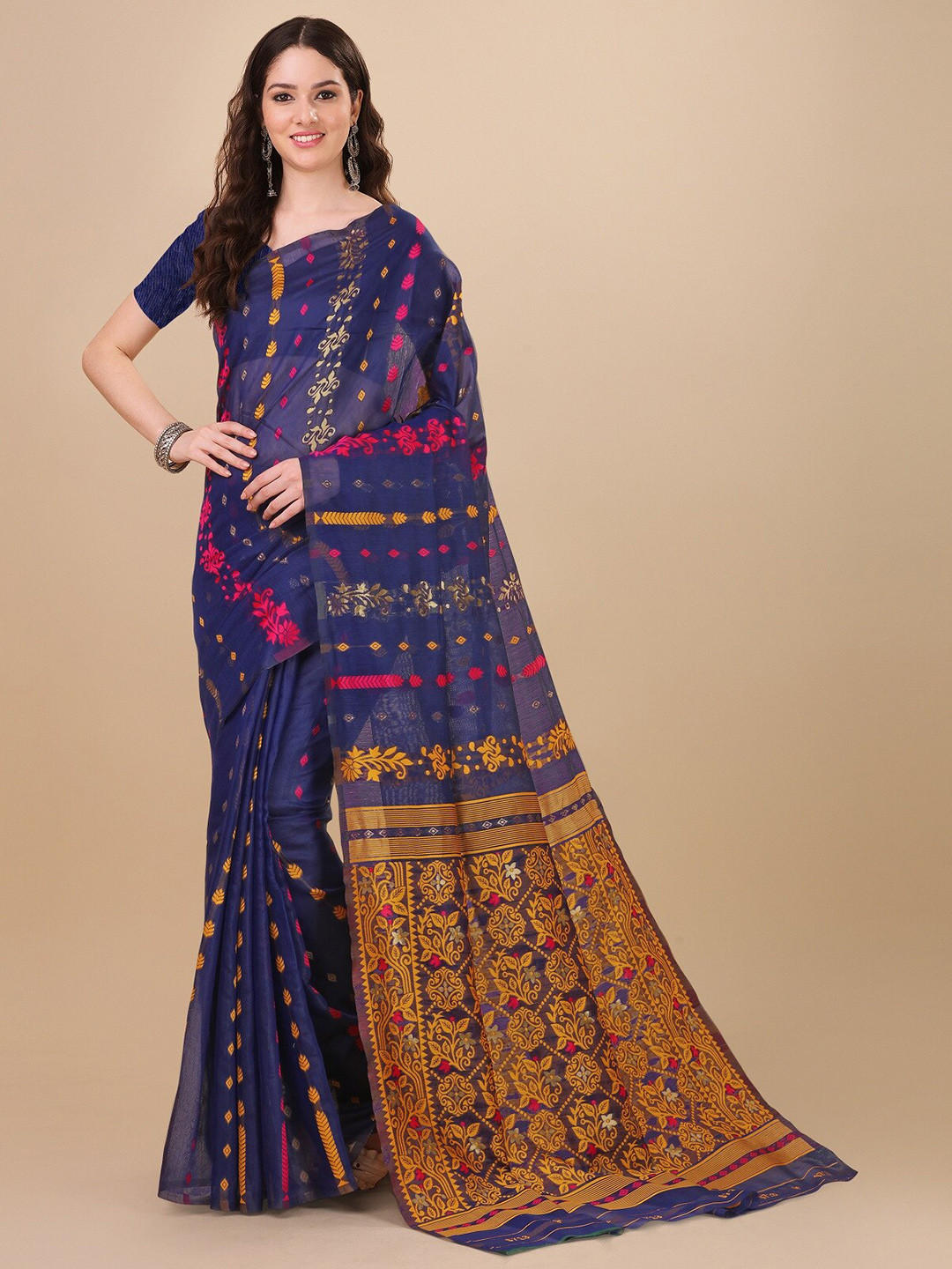 

ZIKARAA Woven Design Pure Cotton Jamdani Saree, Blue