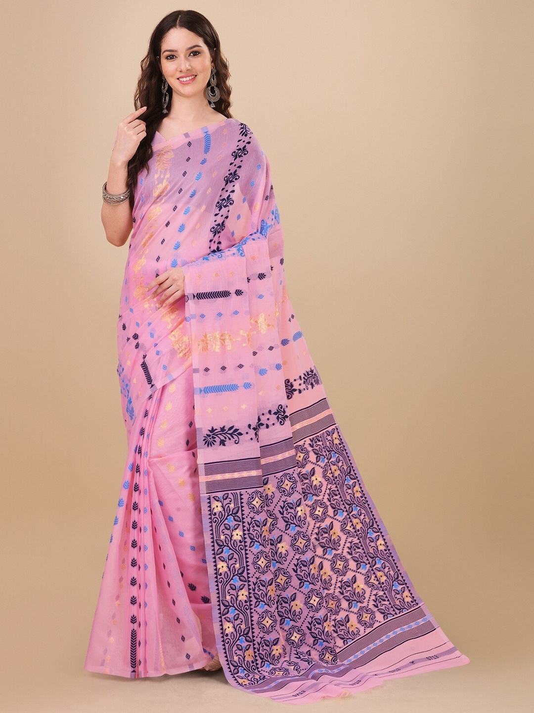 

ZIKARAA Woven Design Zari Pure Cotton Jamdani Saree, Pink