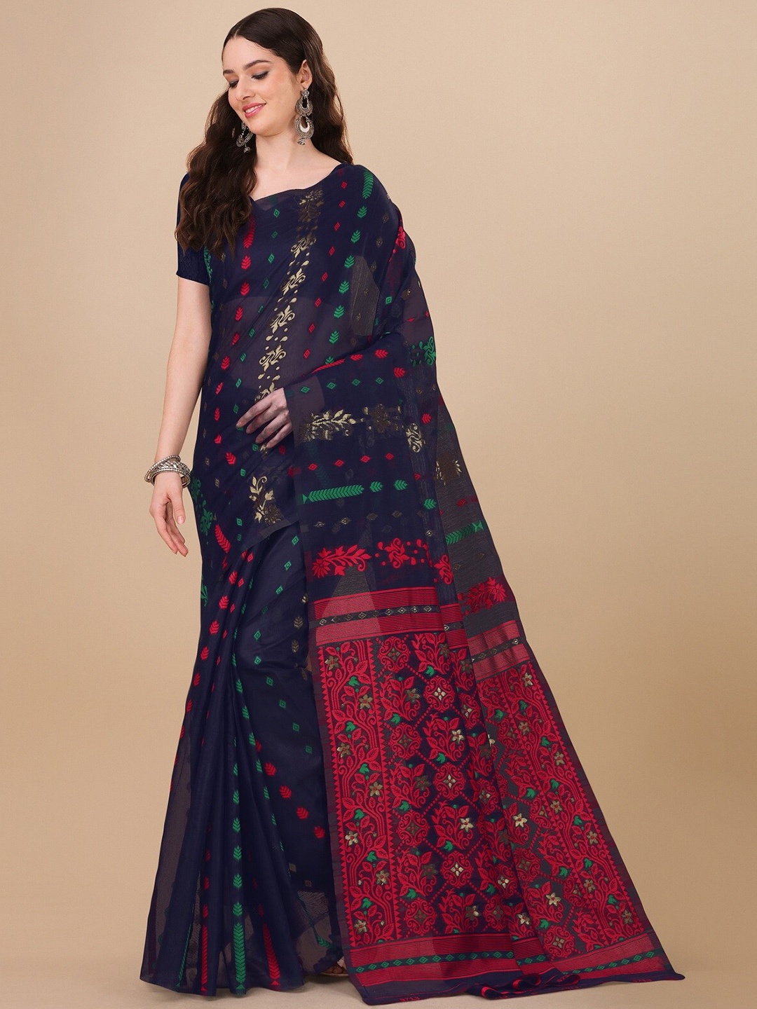 

ZIKARAA Woven Design Pure Cotton Jamdani Saree, Navy blue