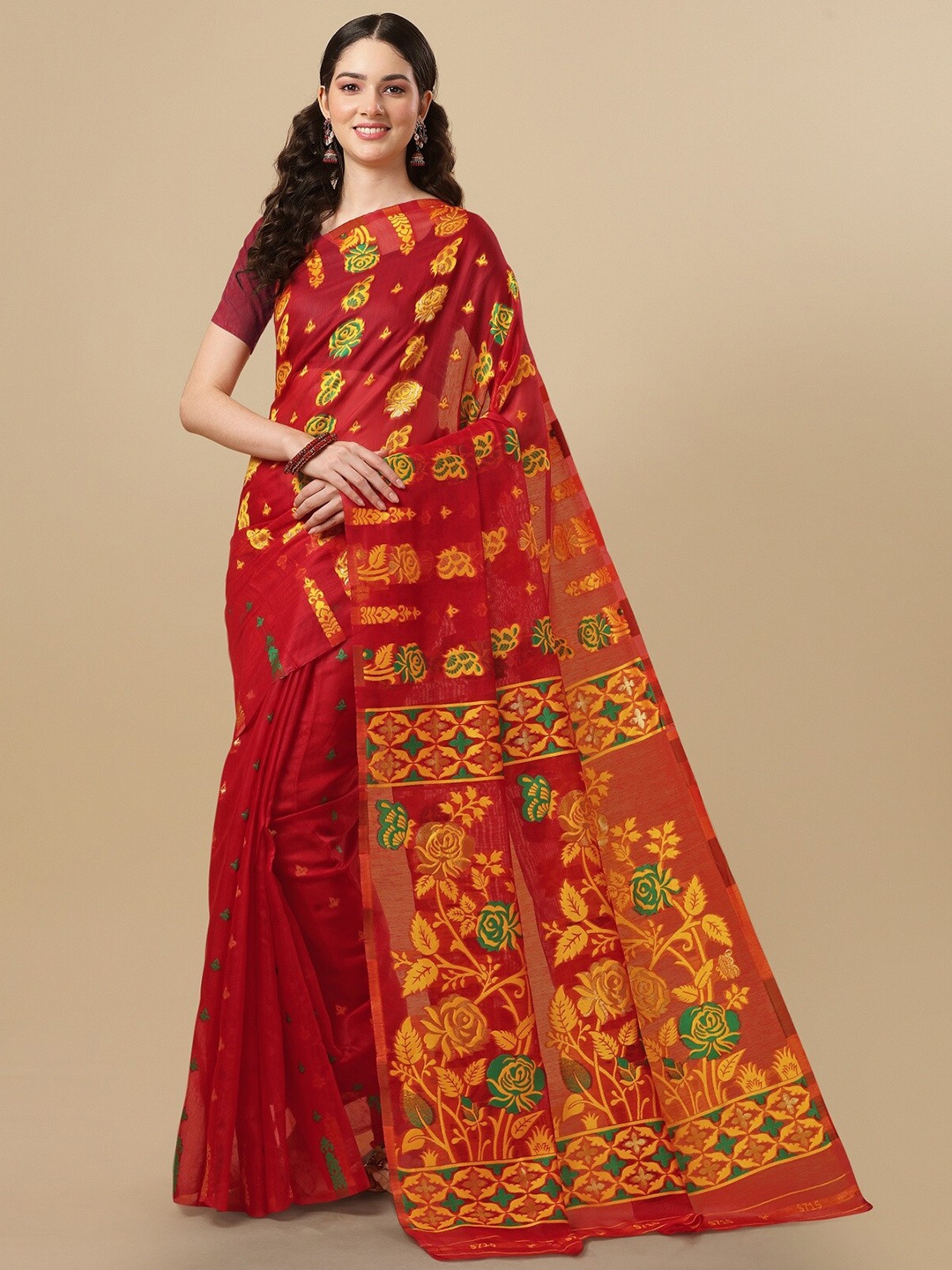 

ZIKARAA Woven Design Pure Cotton Jamdani Saree, Red