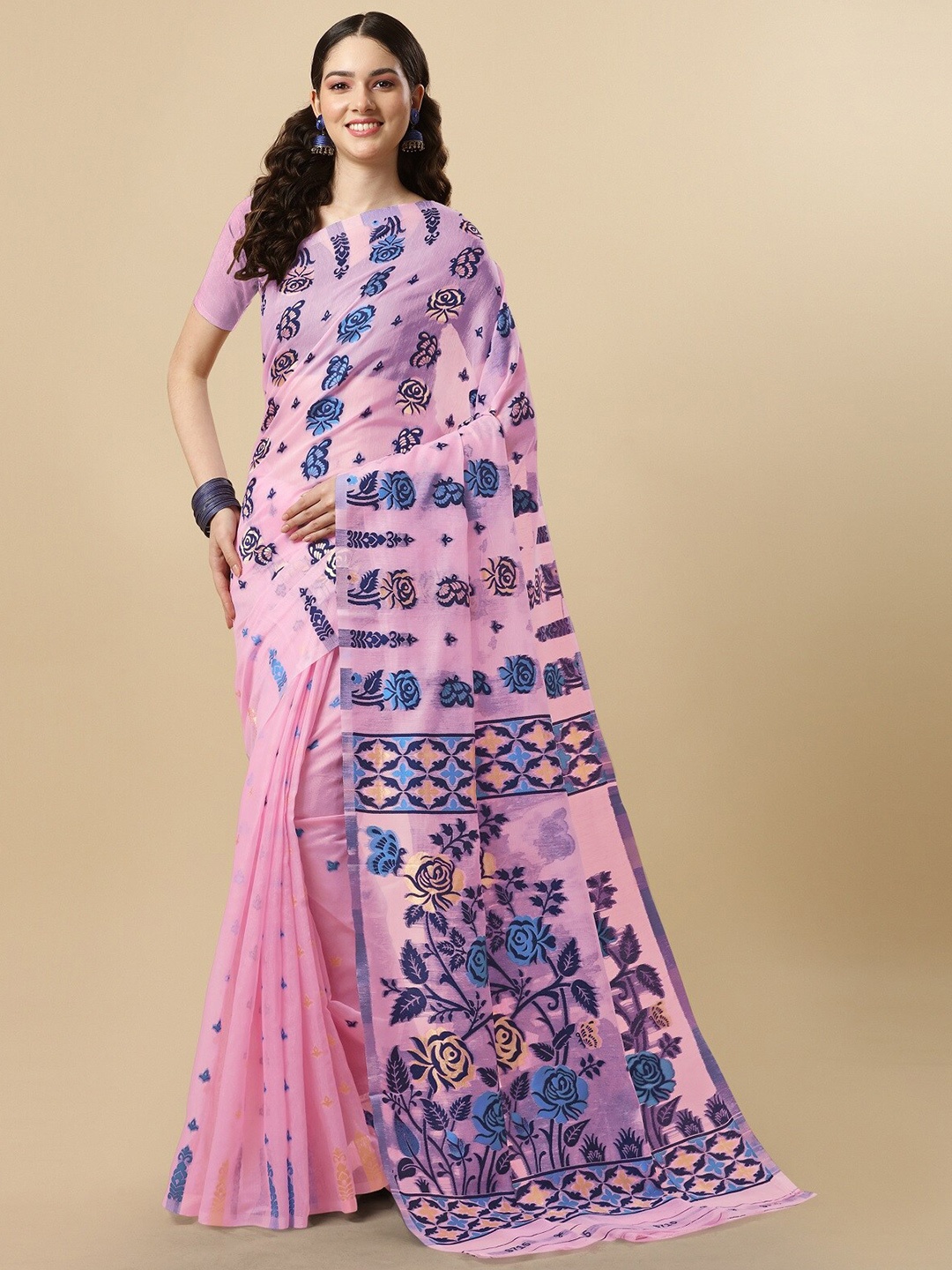 

ZIKARAA Woven Design Pure Cotton Jamdani Saree, Pink