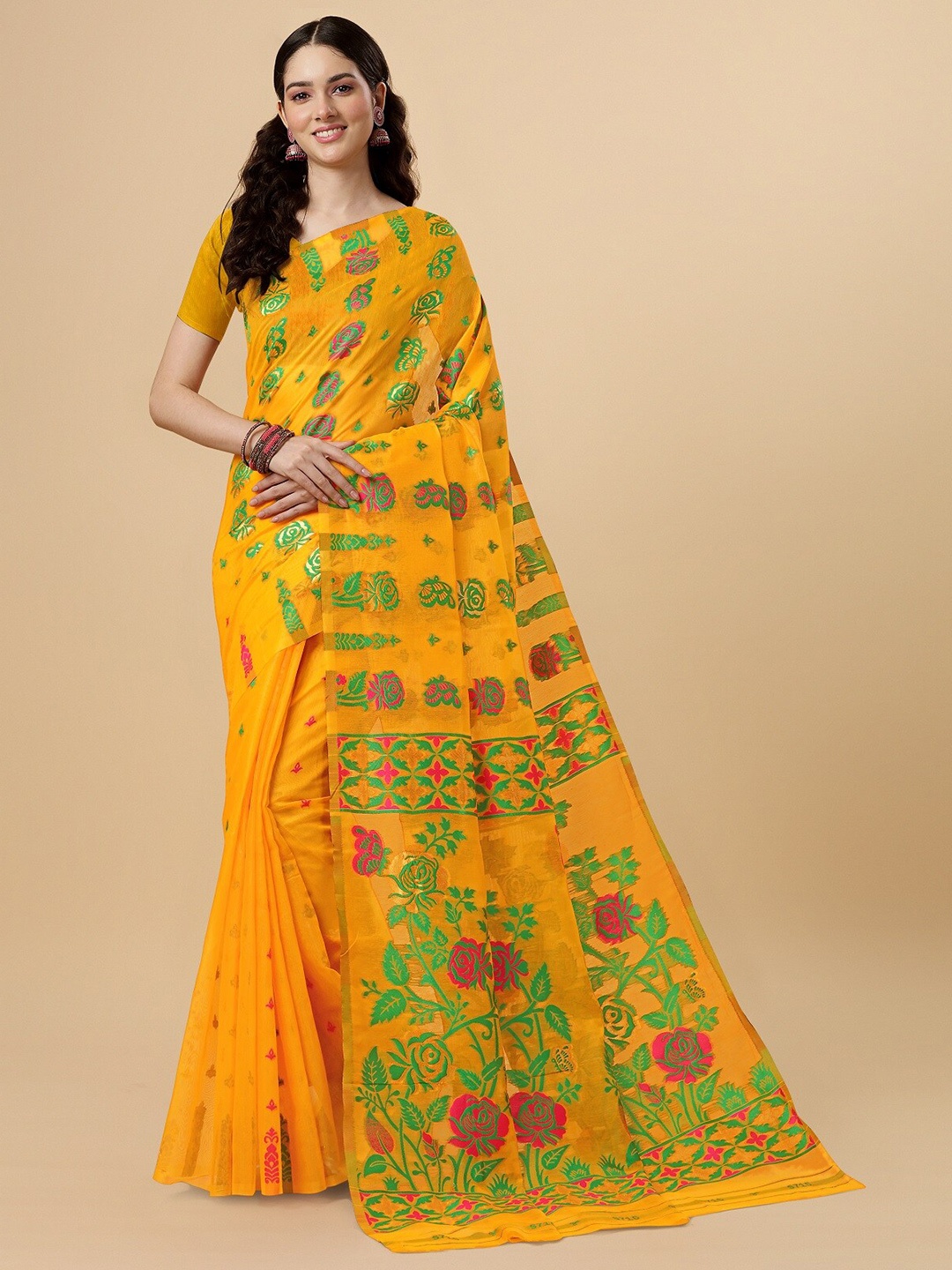 

ZIKARAA Floral Woven Design Zari Pure Cotton Jamdani Saree, Gold