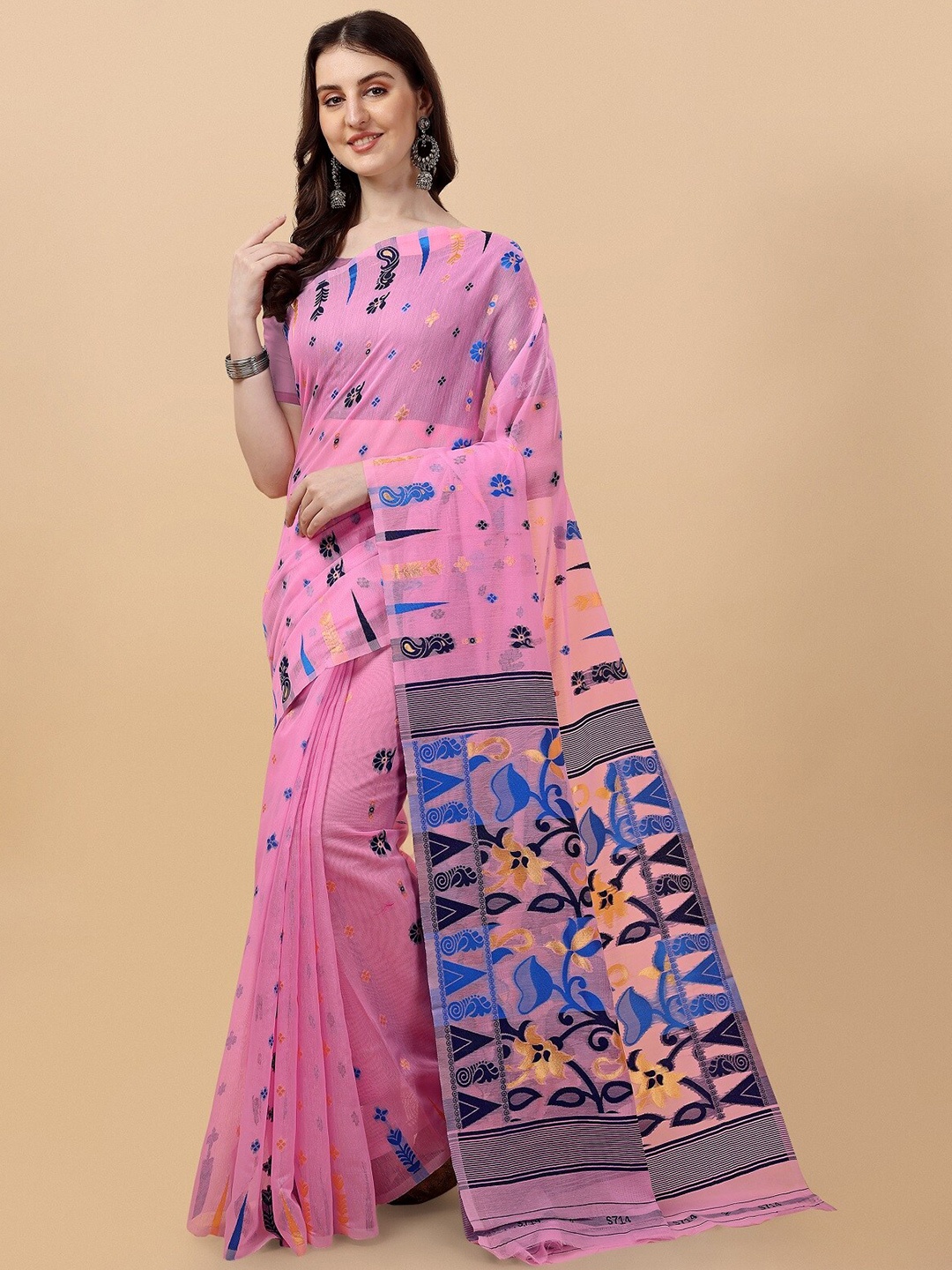 

ZIKARAA Woven Design Pure Cotton Jamdani Saree, Pink