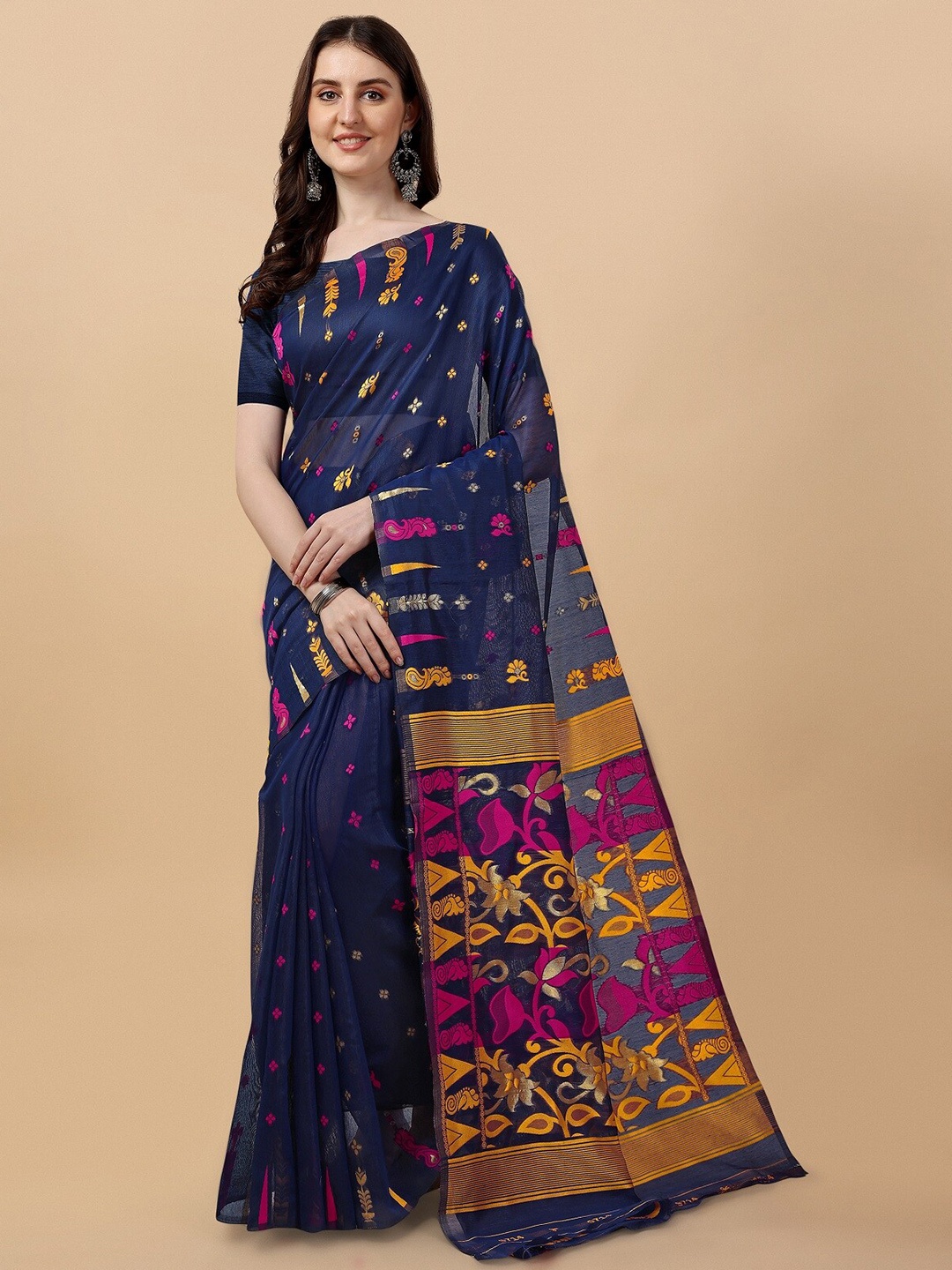 

ZIKARAA Woven Design Zari Pure Cotton Jamdani Saree, Blue