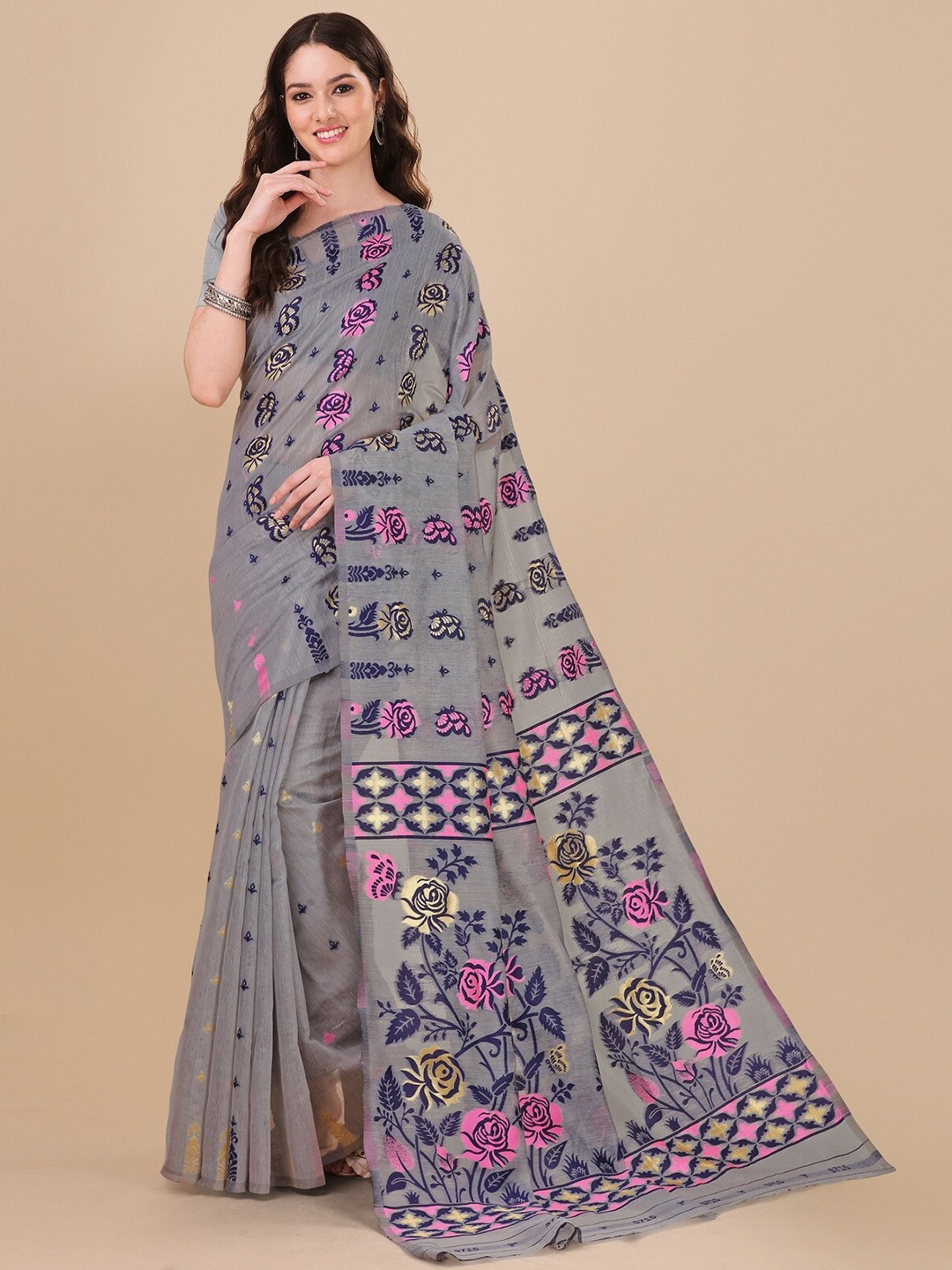 

ZIKARAA Woven Design Pure Cotton Jamdani Saree, Grey